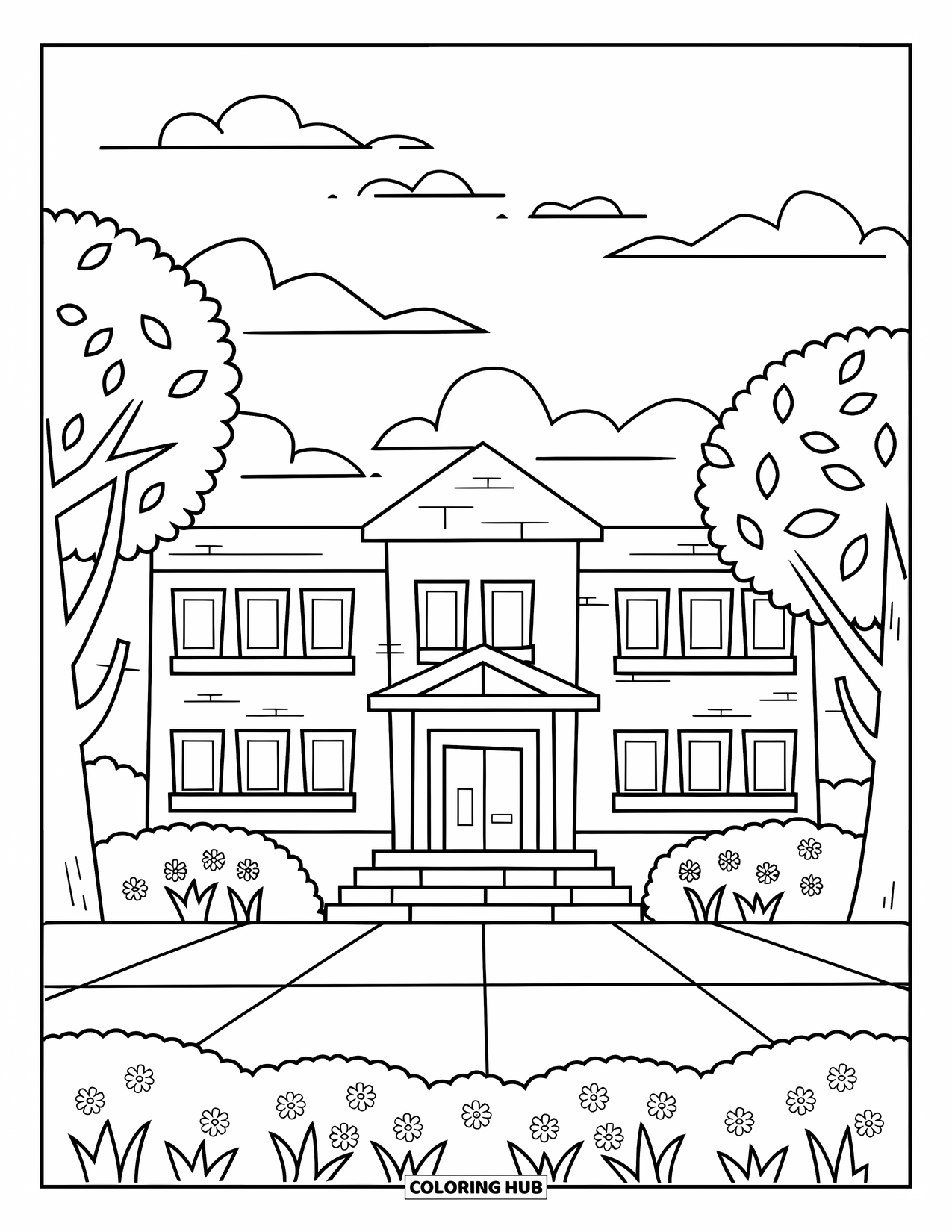 Back To School Coloring Page for Kids: School building with trees, bushes, and flower-covered grass
