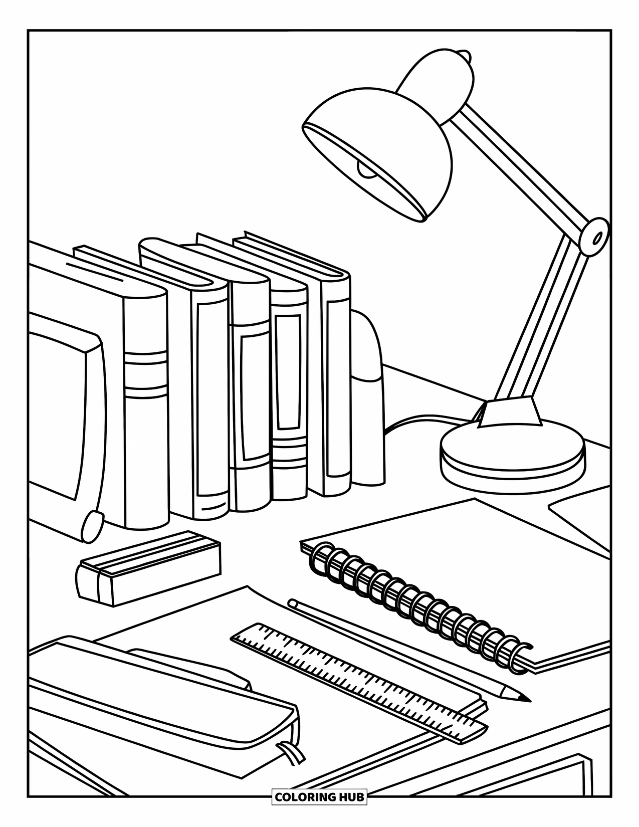 Back To School Coloring Page for Kids: School desk with supplies, books, and a small lamp