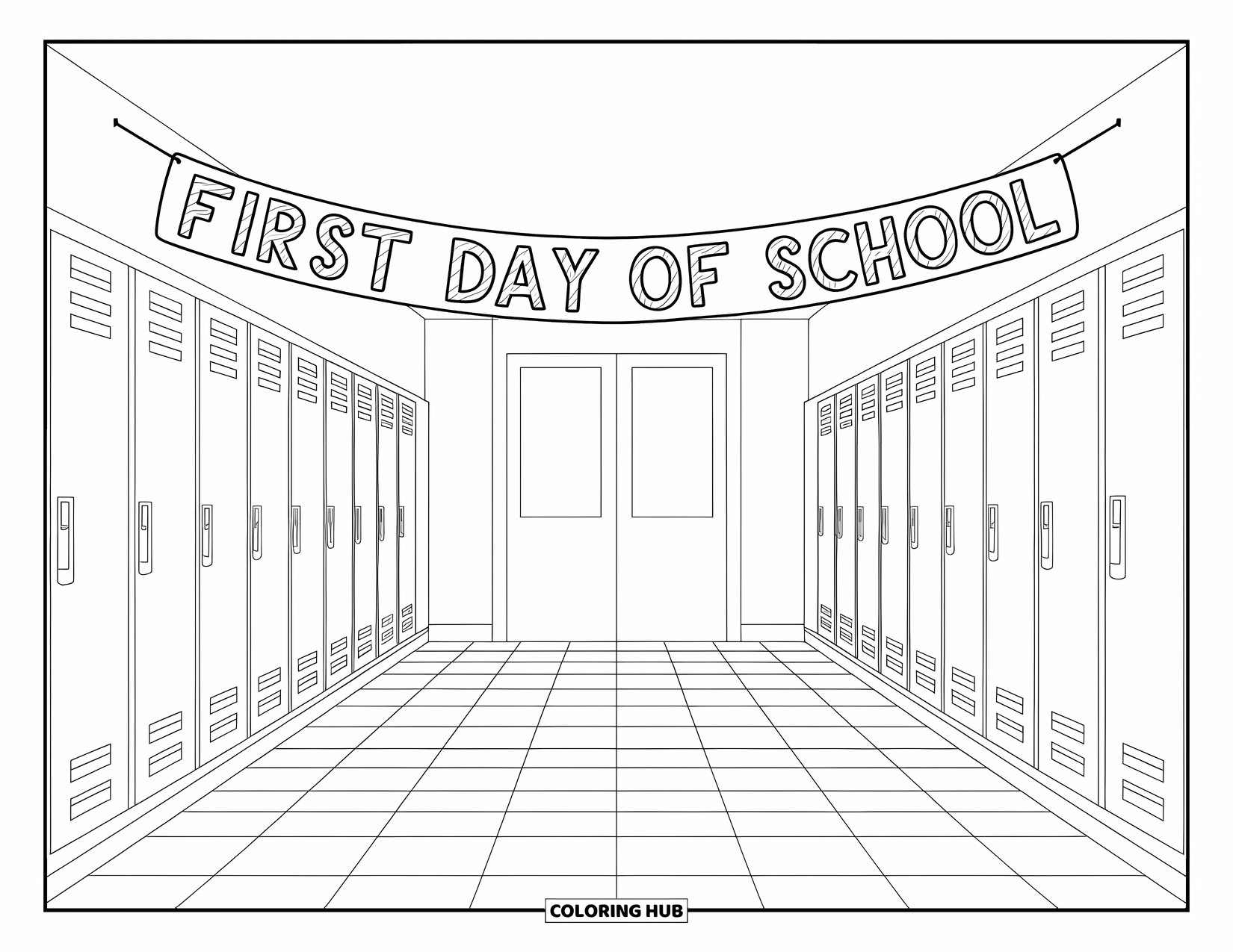 Back To School Coloring Page for Kids: School hallway with lockers and a "First Day of School" banner above