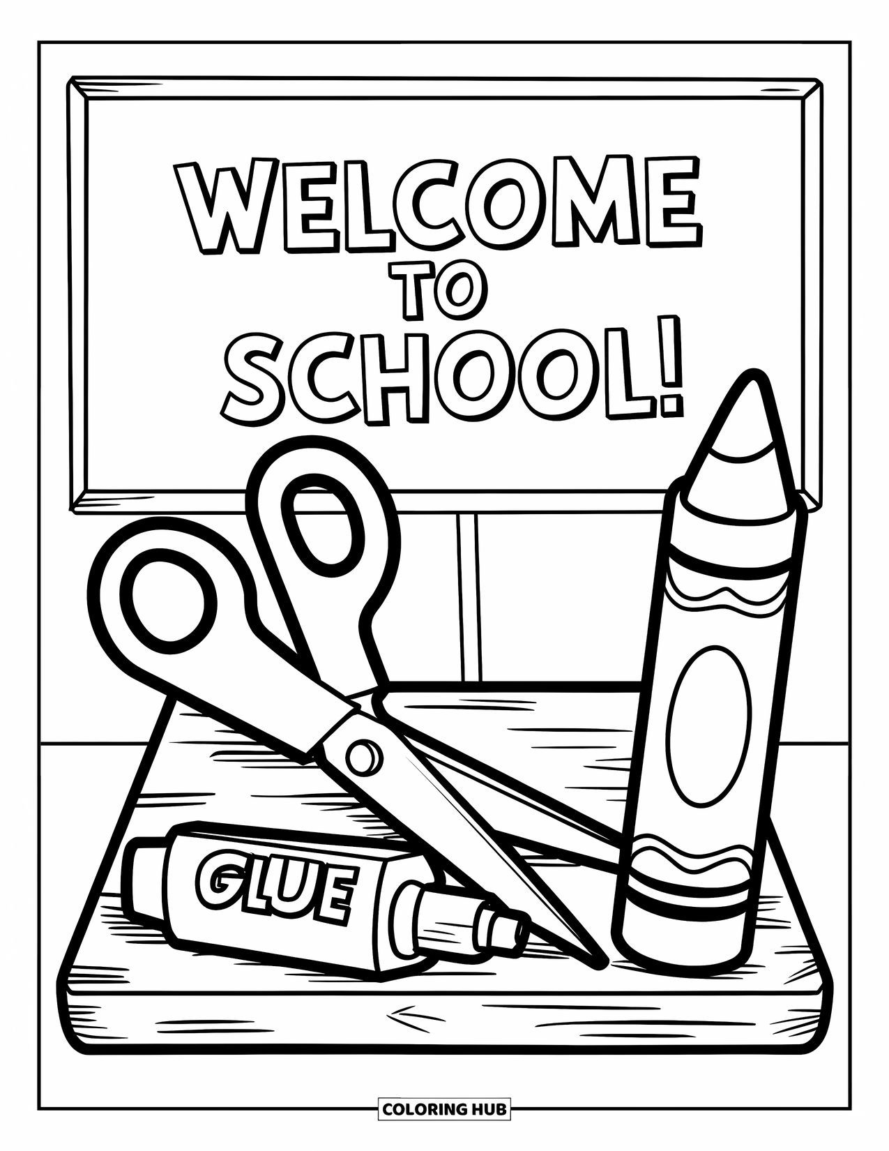 Back To School Coloring Page for Kids: School tools on a board with a chalkboard that says "Welcome"