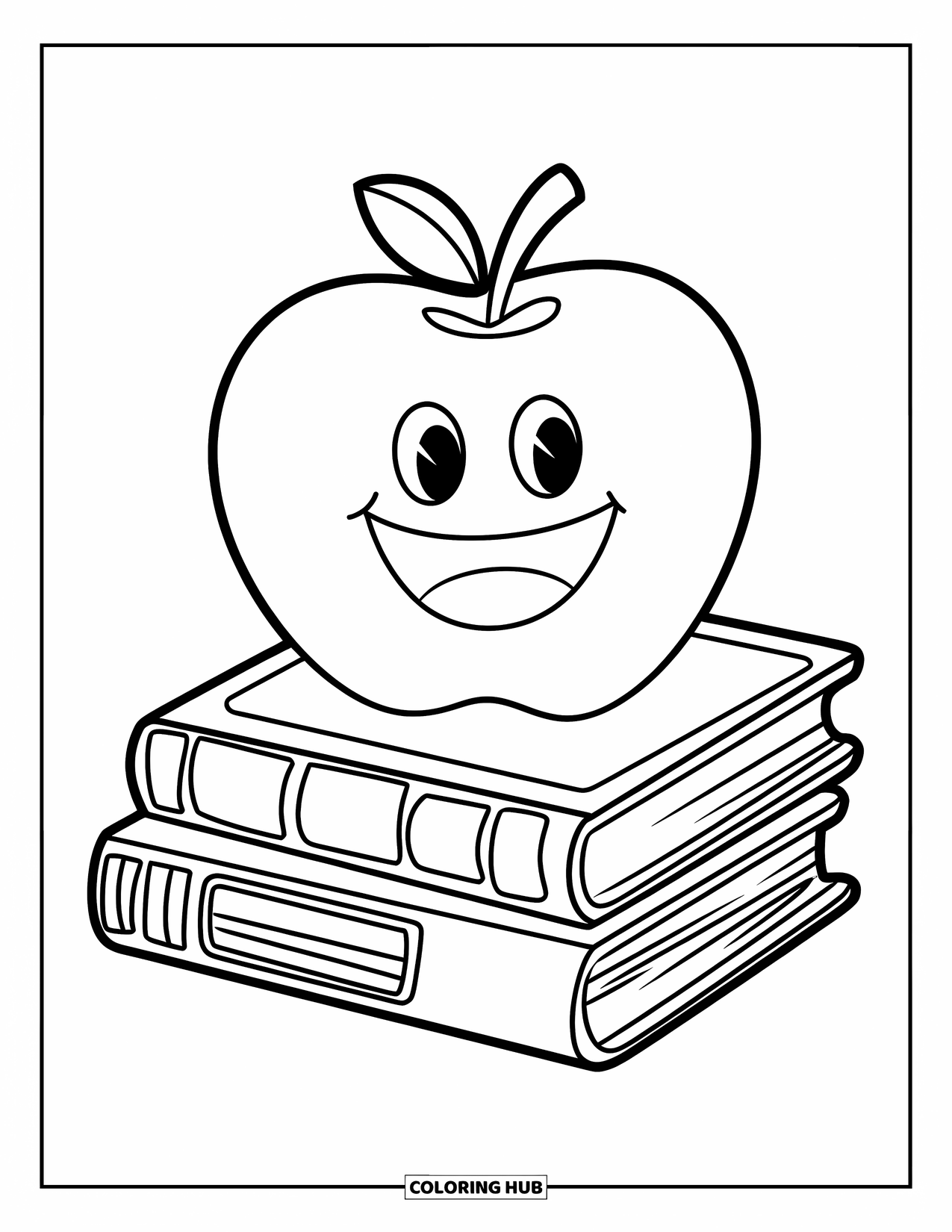 Back To School Coloring Page for Kids: Smiling apple on stacked books gives a back-to-school vibe