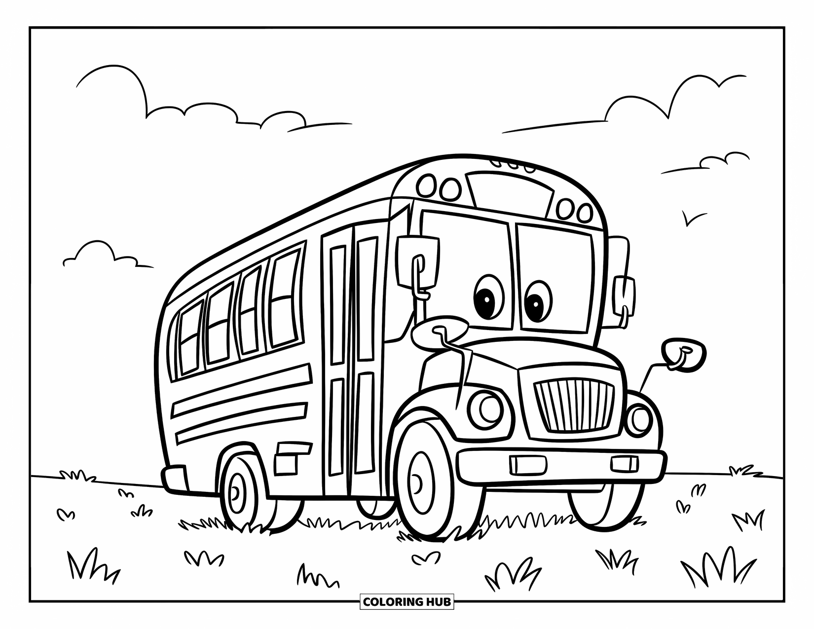 Back To School Coloring Page for Kids: Smiling school bus parked on grass under a wide, clear sky