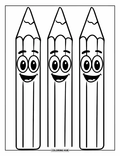 Back To School Coloring Page for Kids: Three happy-faced pencils with big eyes and curved smiles