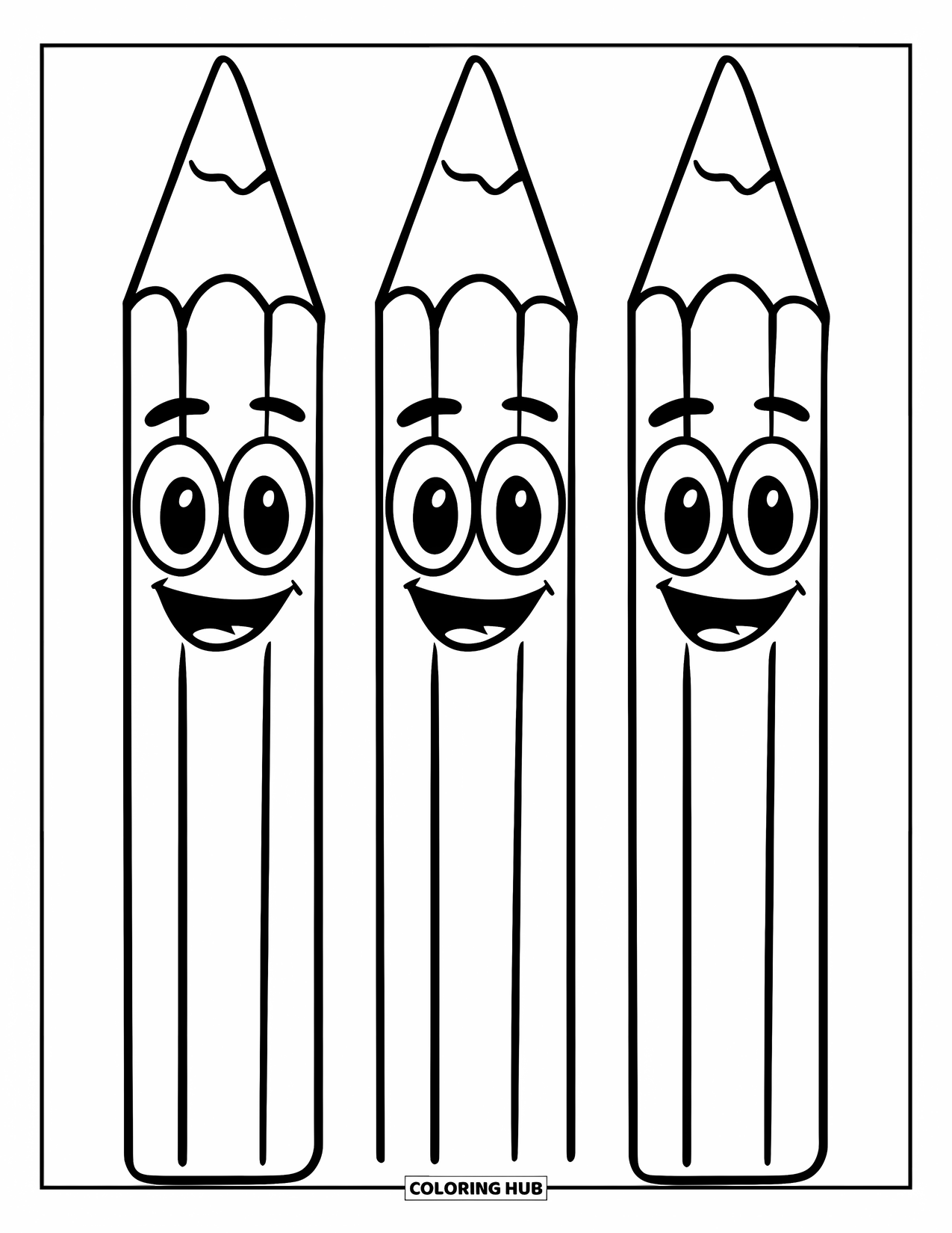 Back To School Coloring Page for Kids: Three happy-faced pencils with big eyes and curved smiles