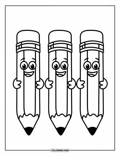 Back To School Coloring Page for Kids: Three jumbo pencils with happy faces stand in a cheerful row