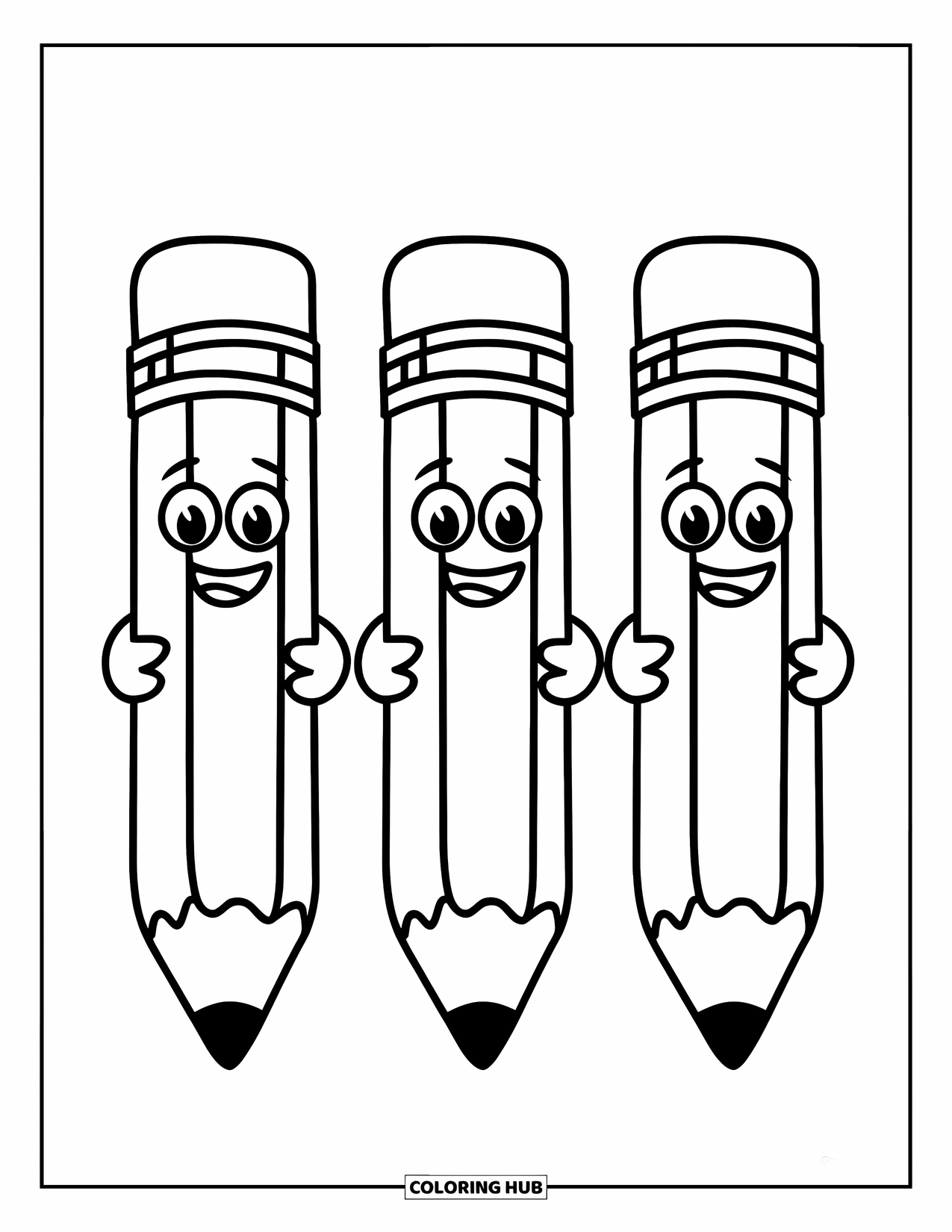 Back To School Coloring Page for Kids: Three jumbo pencils with happy faces stand in a cheerful row