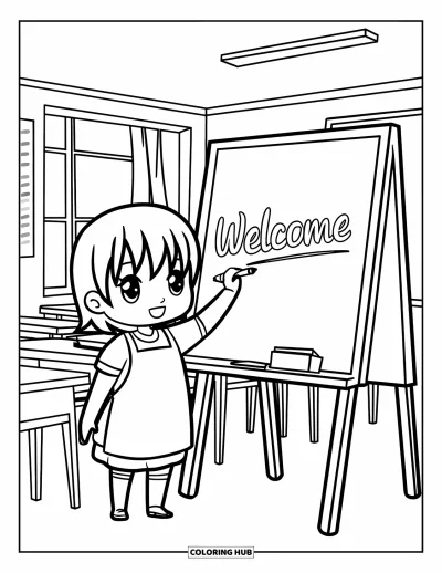Back To School Coloring Page for Kids: Whiteboard on easel as a chibi student writes "Welcome" in a cheerful classroom
