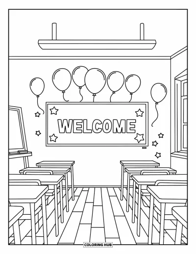 Back To School Coloring Page for Kids: Wood-floor classroom with a welcome sign and starry balloons