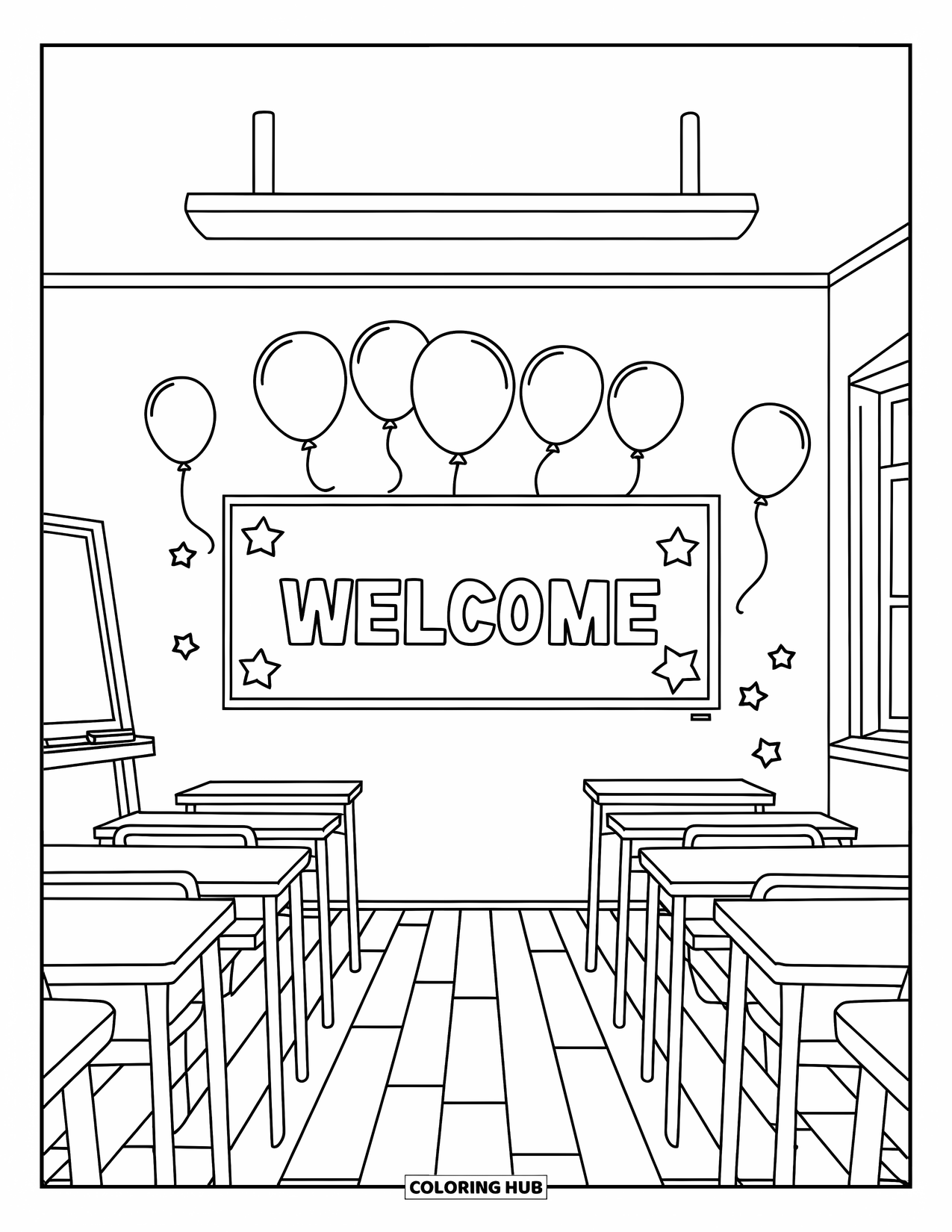Back To School Coloring Page for Kids: Wood-floor classroom with a welcome sign and starry balloons