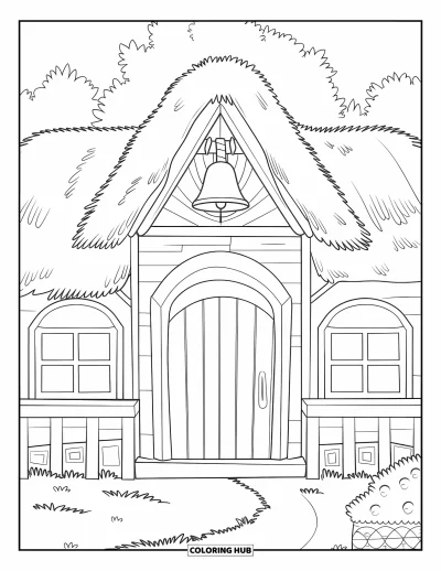 Back To School Coloring Page for Kids: Wooden schoolhouse with a bell sits in a green field