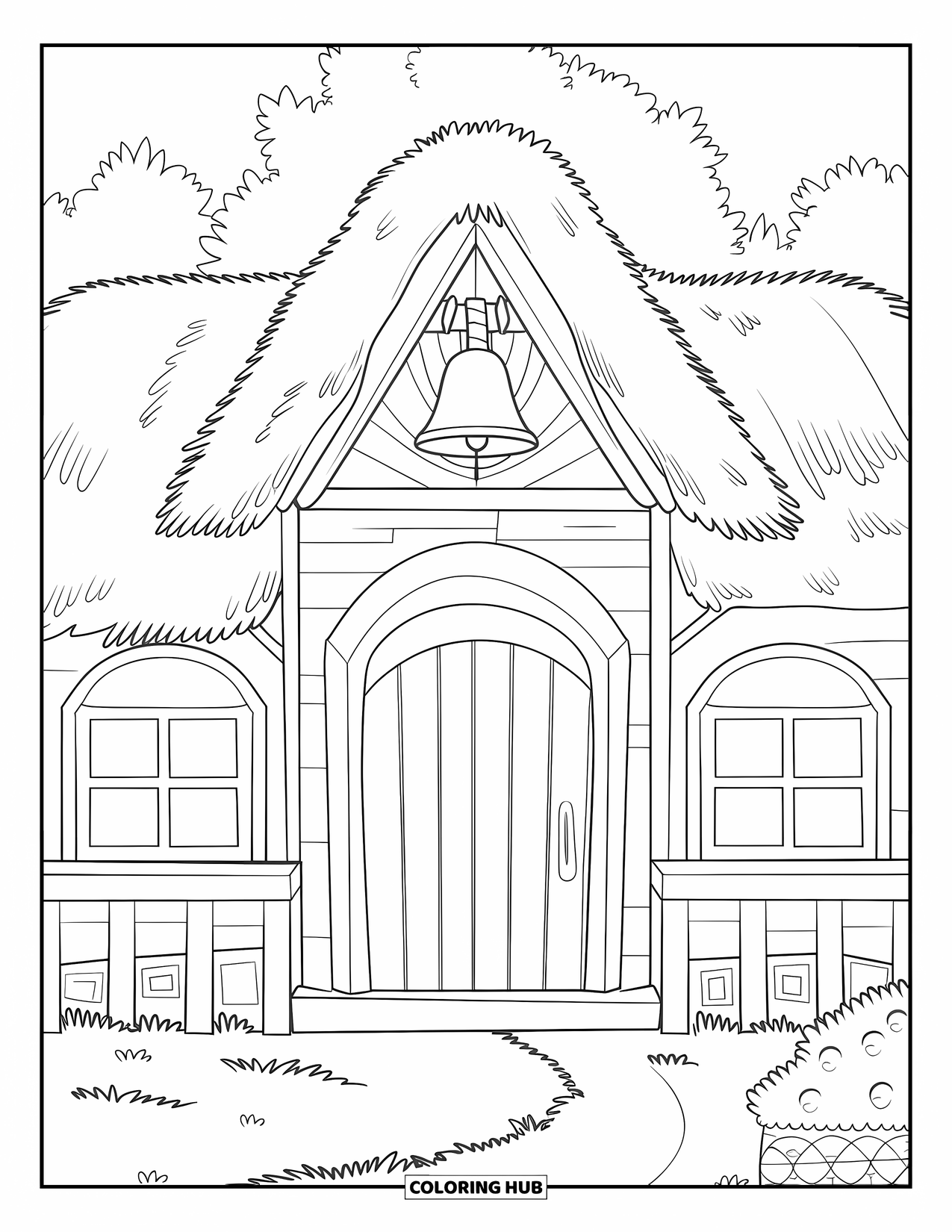 Back To School Coloring Page for Kids: Wooden schoolhouse with a bell sits in a green field