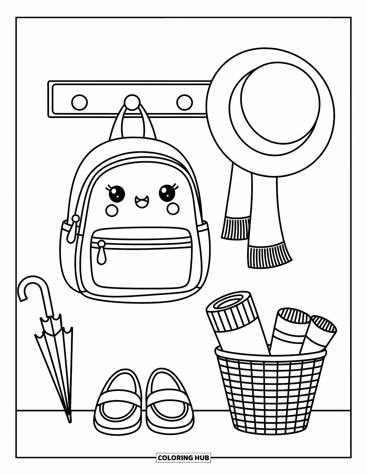 Backpack Coloring Page for Adults: Backpack, hat, and scarf hang above a neat row of shoes and socks