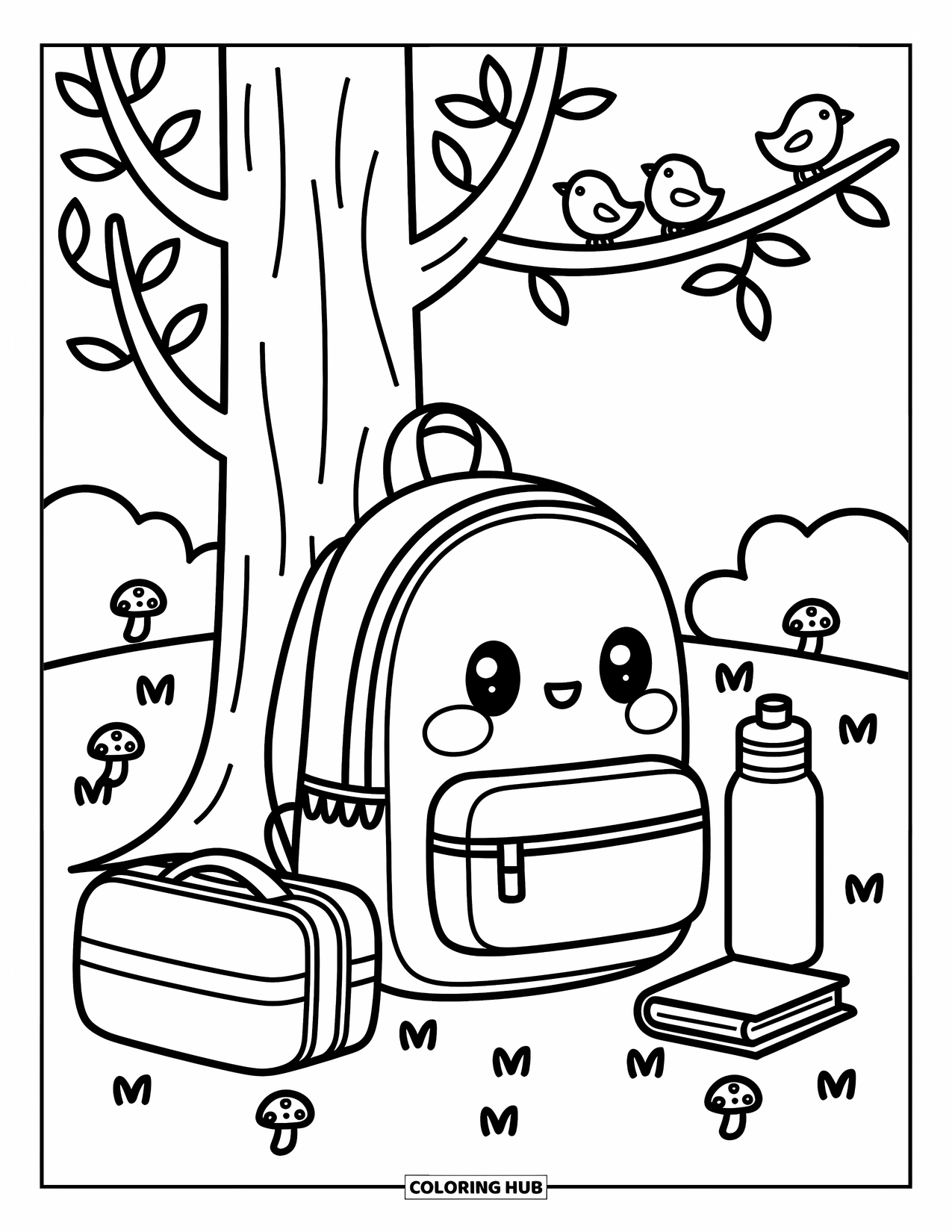 Backpack Coloring Page for Adults: Backpack leans by a tree with blanket, book, lunch, and mushrooms nearby