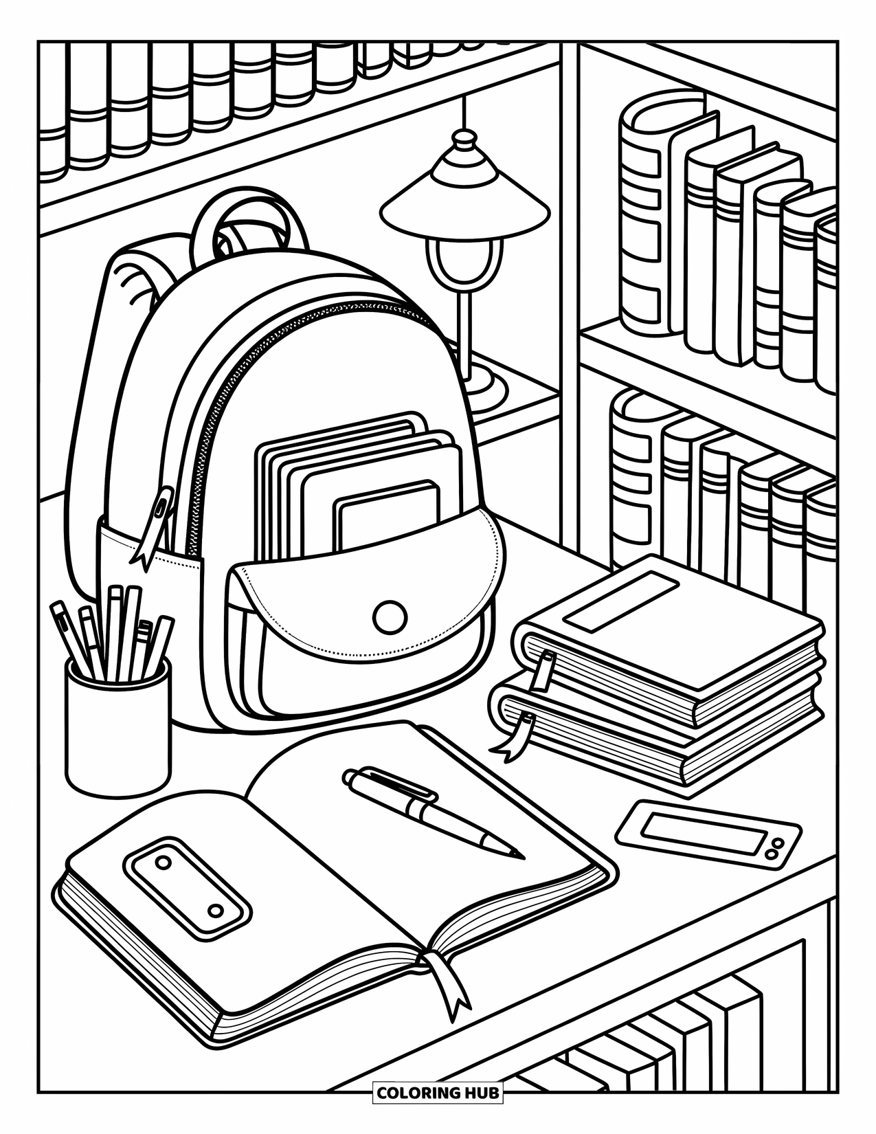 Backpack Coloring Page for Adults: Backpack peeks open on a library table filled with books and cozy study items