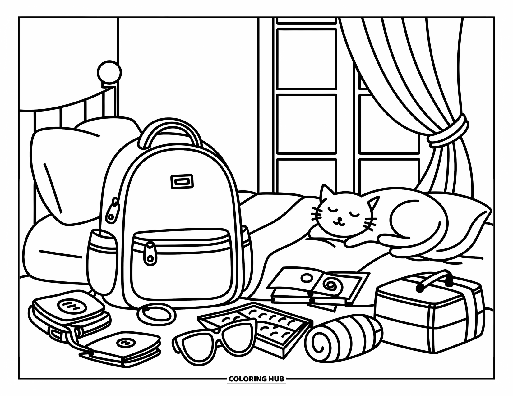 Backpack Coloring Page for Adults: Backpack rests near a bed with suitcase, map, and cat napping by the window