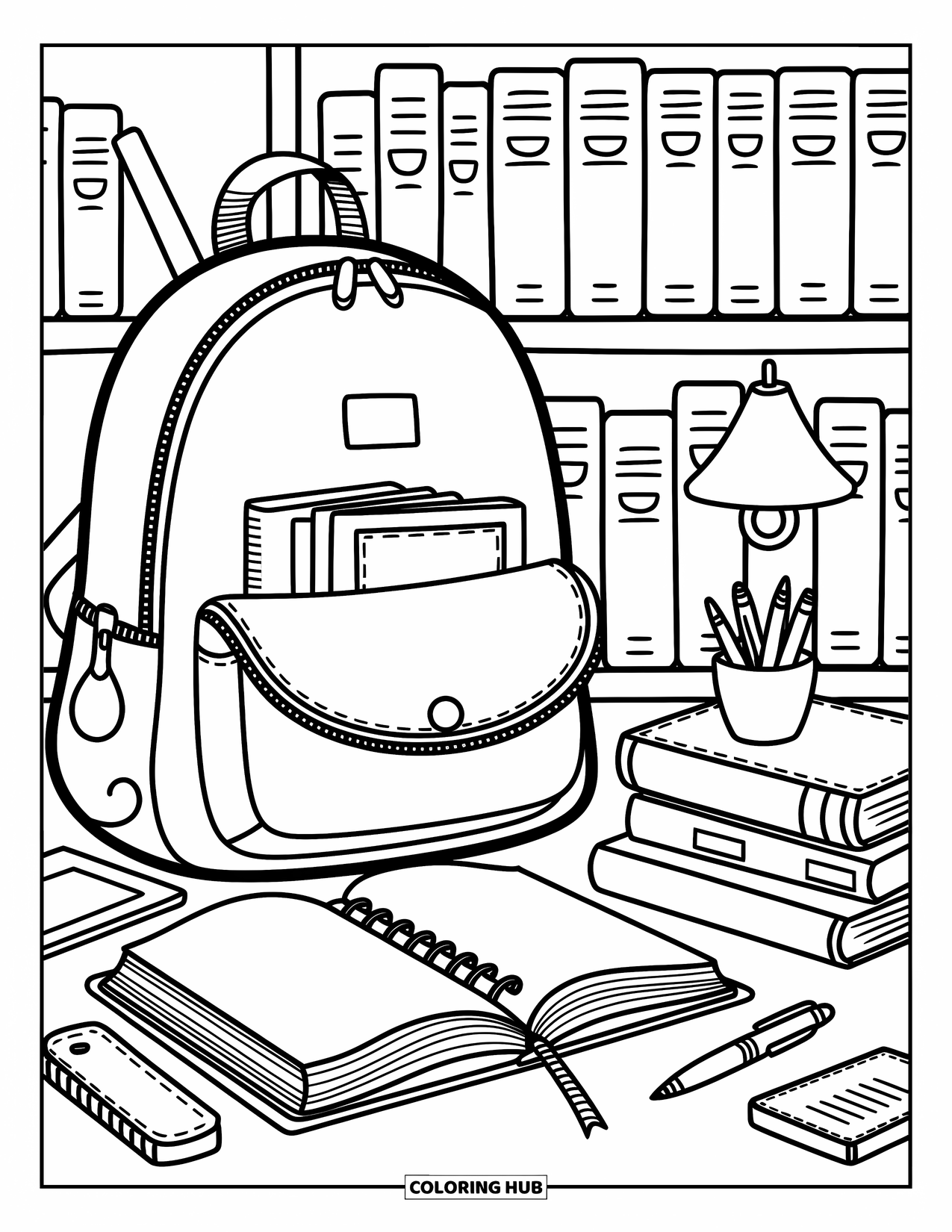 Backpack Coloring Page for Adults: Backpack with books and study tools sits in a cozy library scene