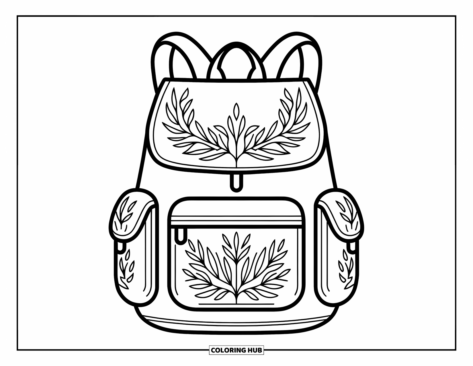 Backpack Coloring Page for Adults: Backpack with botanical details and crisp lines sits on a white background