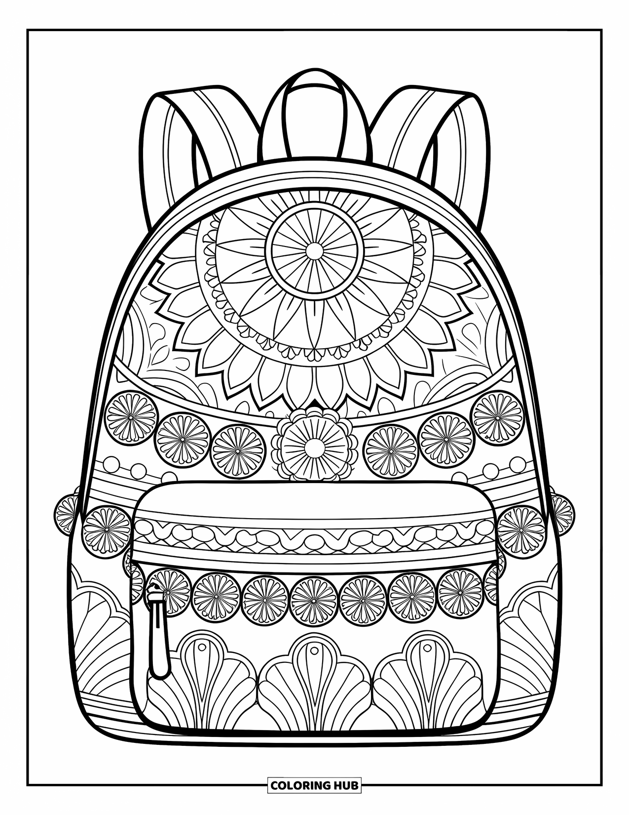 Backpack Coloring Page for Adults: Backpack with mandala panels and floral pockets stands out for coloring fun