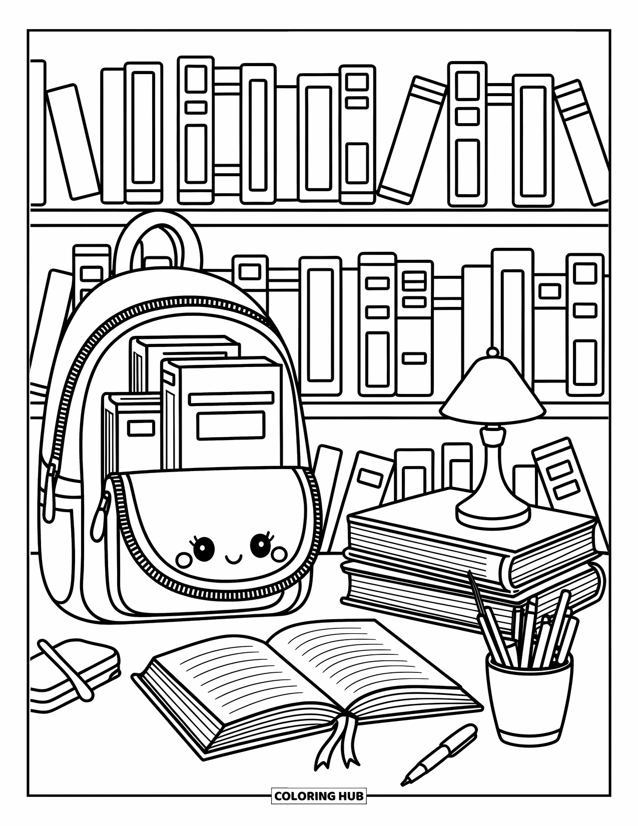 Backpack Coloring Page for Adults: Backpack with notebook and study gear sits in a quiet, cozy reading nook