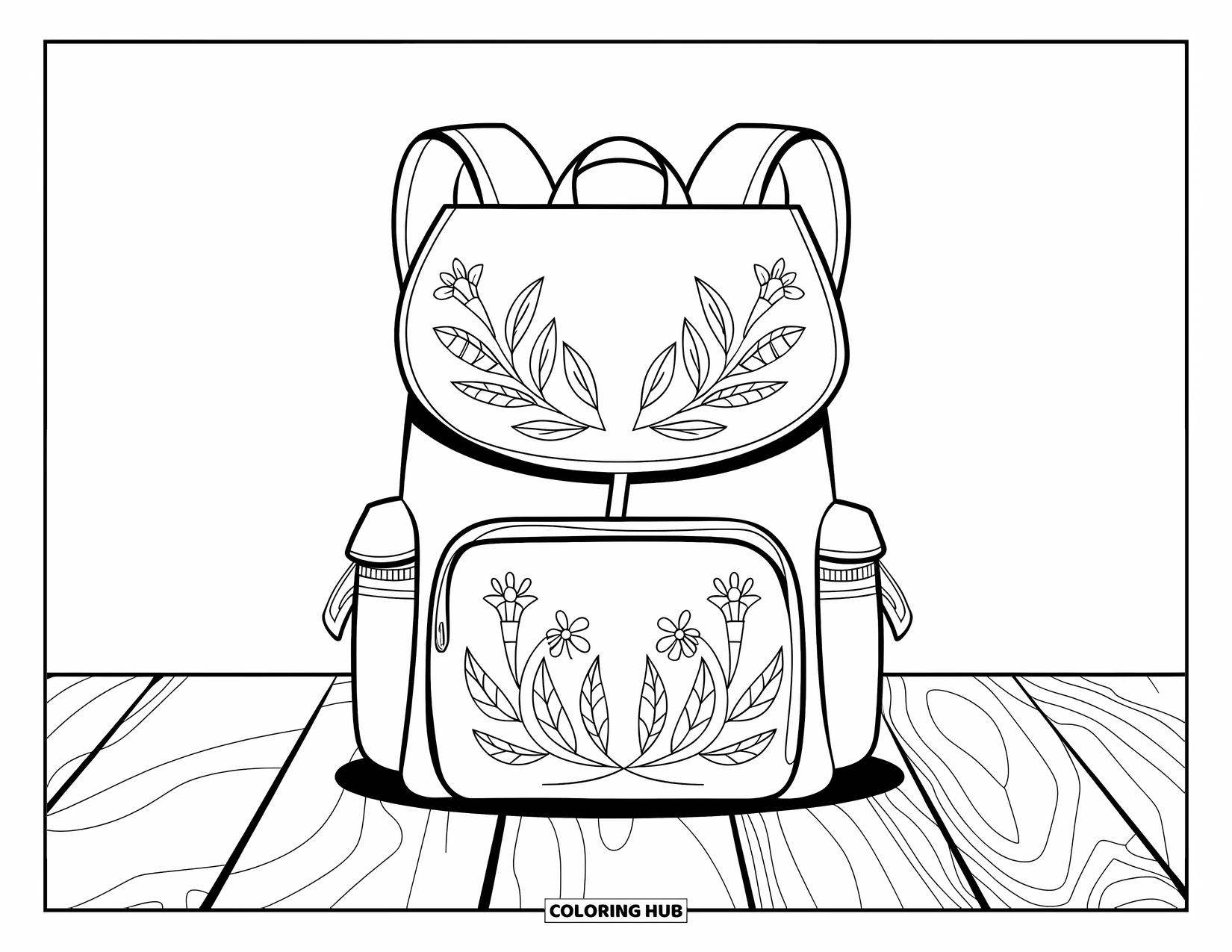 Backpack Coloring Page for Adults: Botanical-engraved backpack rests on wood, decorated with leaf and flower designs