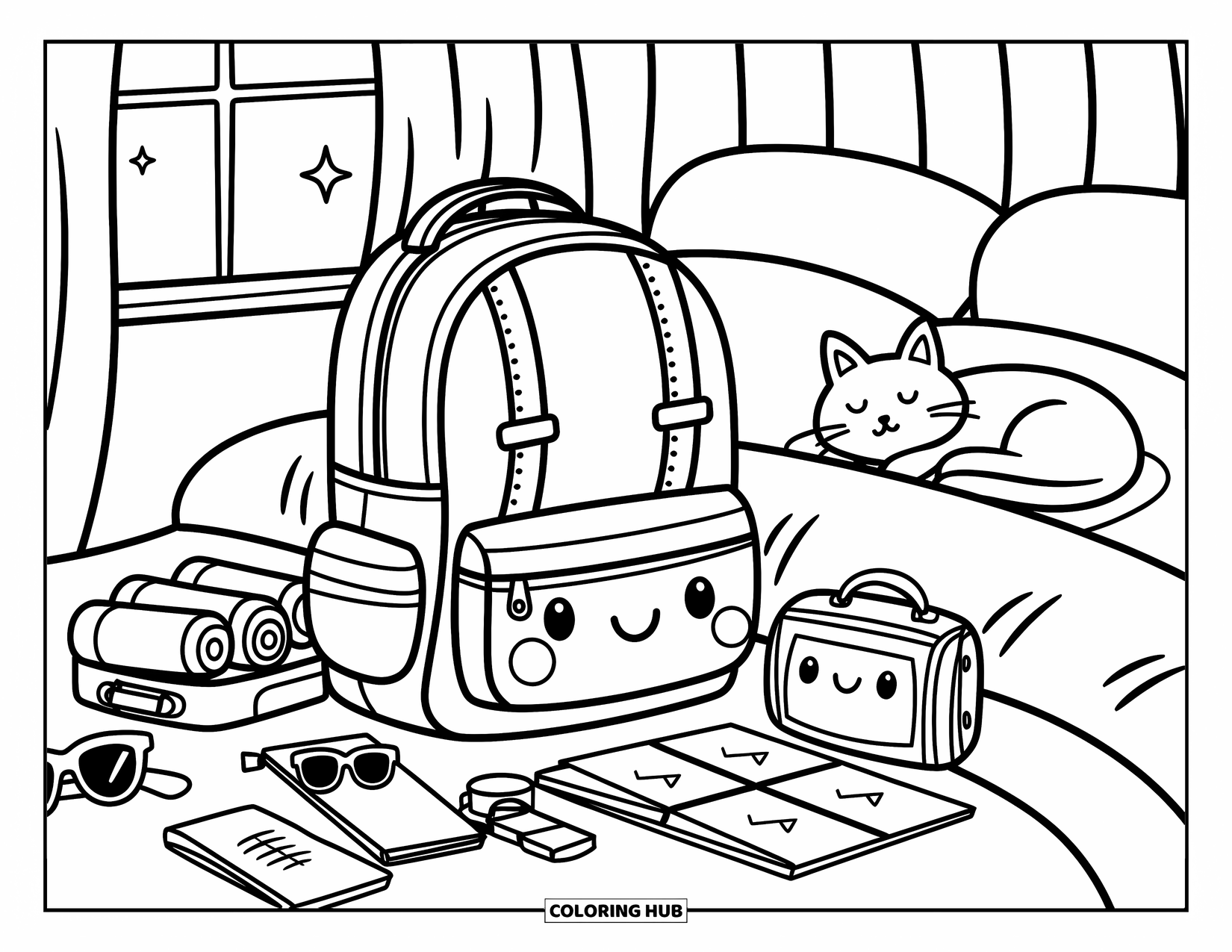 Backpack Coloring Page for Adults: Charming travel scene with a backpack, folded clothes, and sleepy cat nearby
