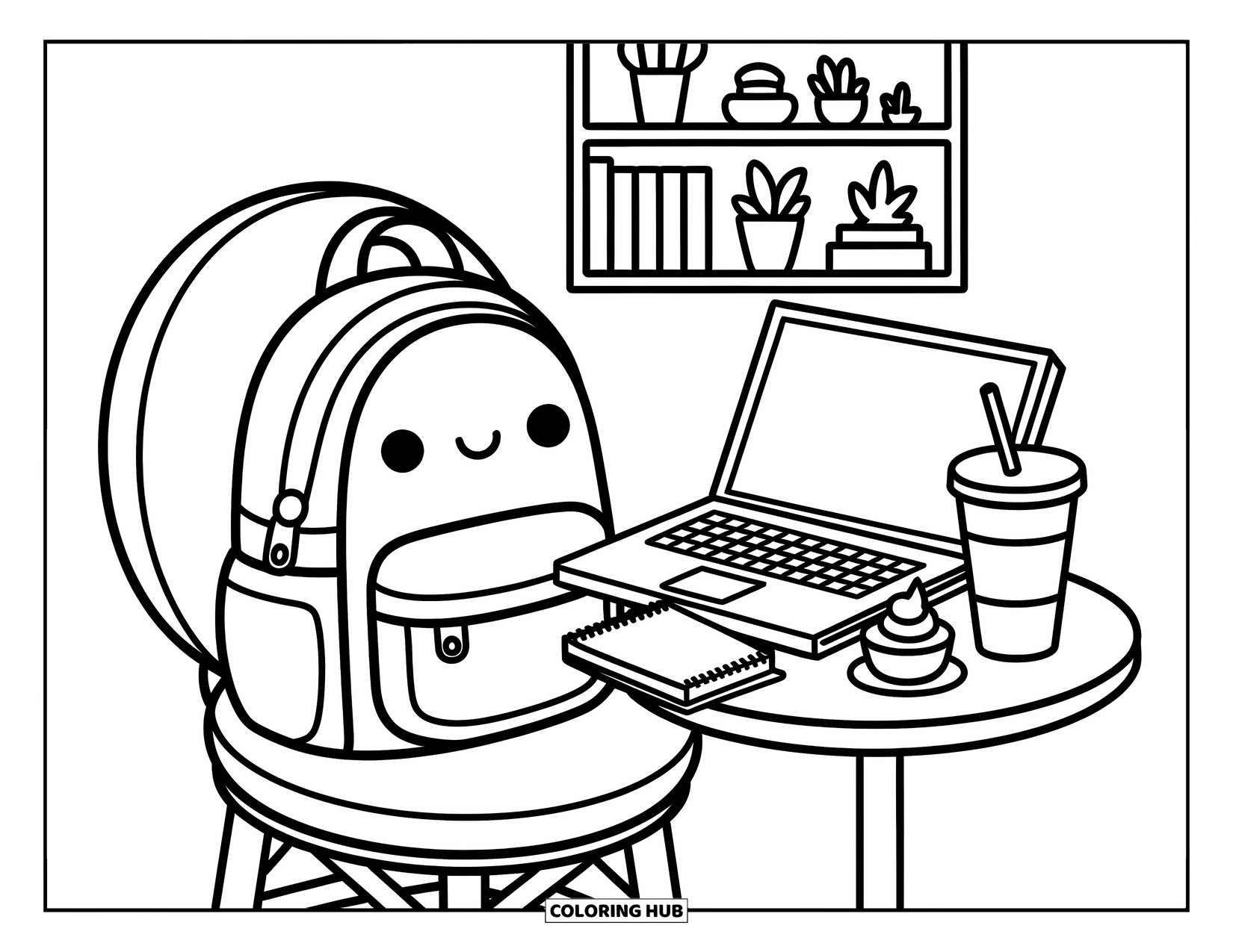 Backpack Coloring Page for Adults: Cozy café scene with a backpack, sweet snack, and little shelf of plants
