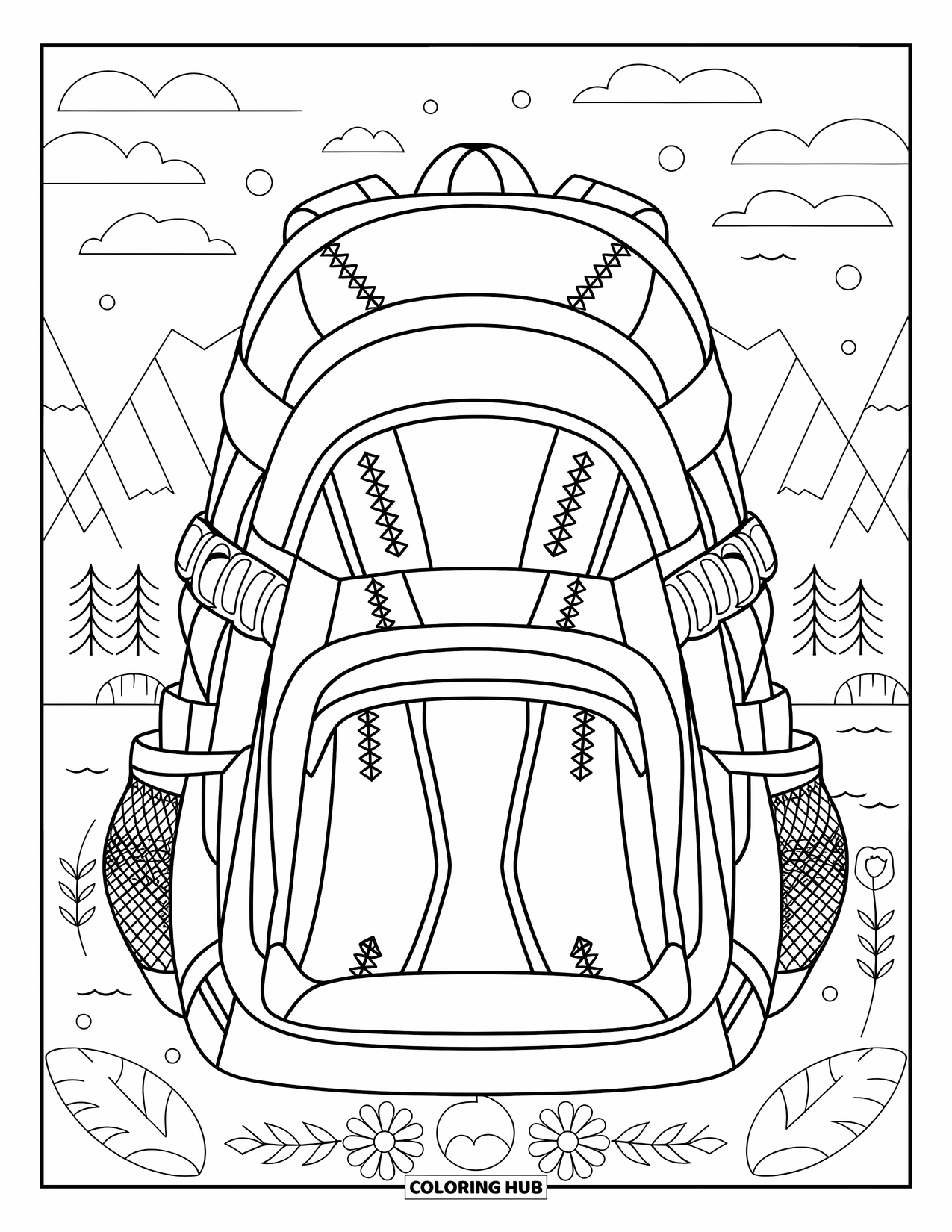 Backpack Coloring Page for Adults: Detailed hiking backpack among mountains, trees, and floral accents