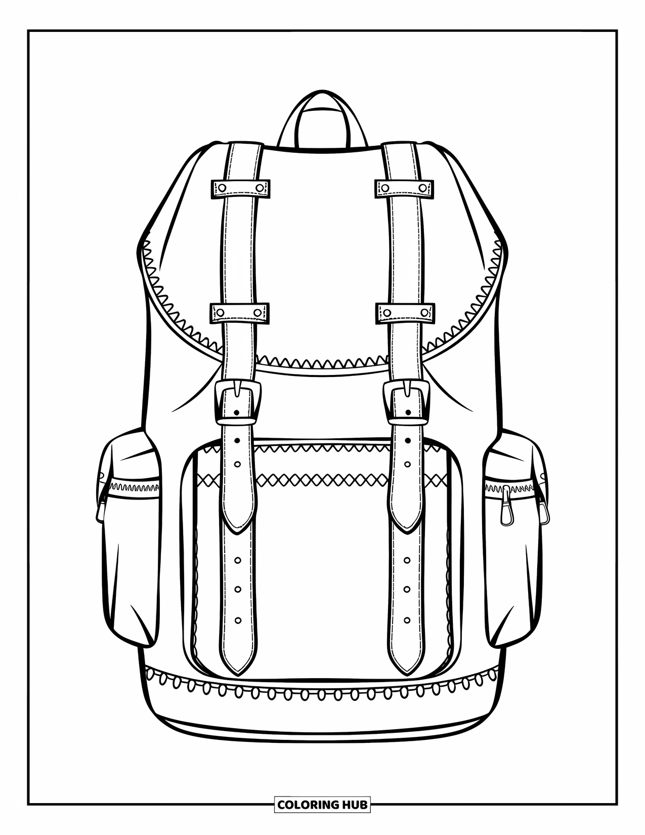 Backpack Coloring Page for Adults: Hiking backpack with ornate stitching displayed on a clean white background