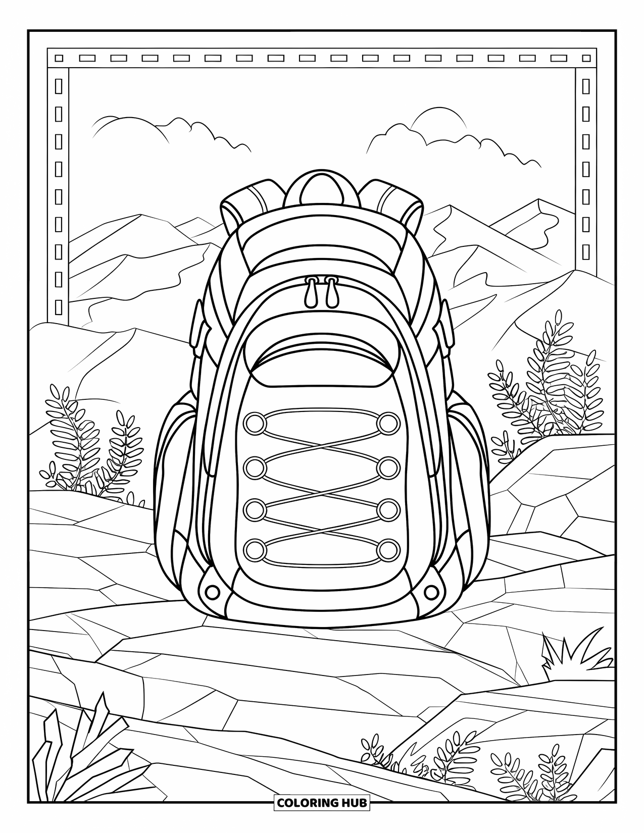 Backpack Coloring Page for Adults: Hiking backpack with stitched lines sits on rocky terrain with a scenic view