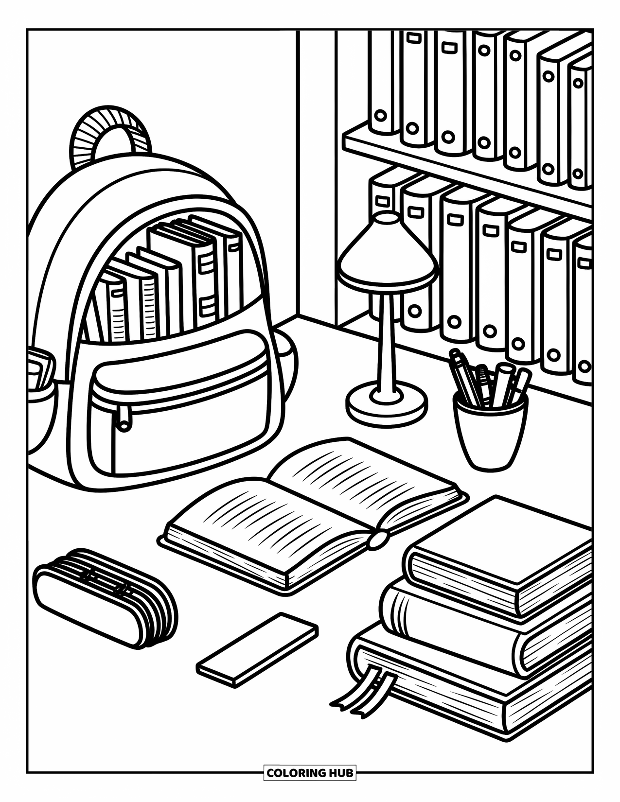 Backpack Coloring Page for Adults: Library scene with backpack, stacked books, lamp, and labeled shelf behind