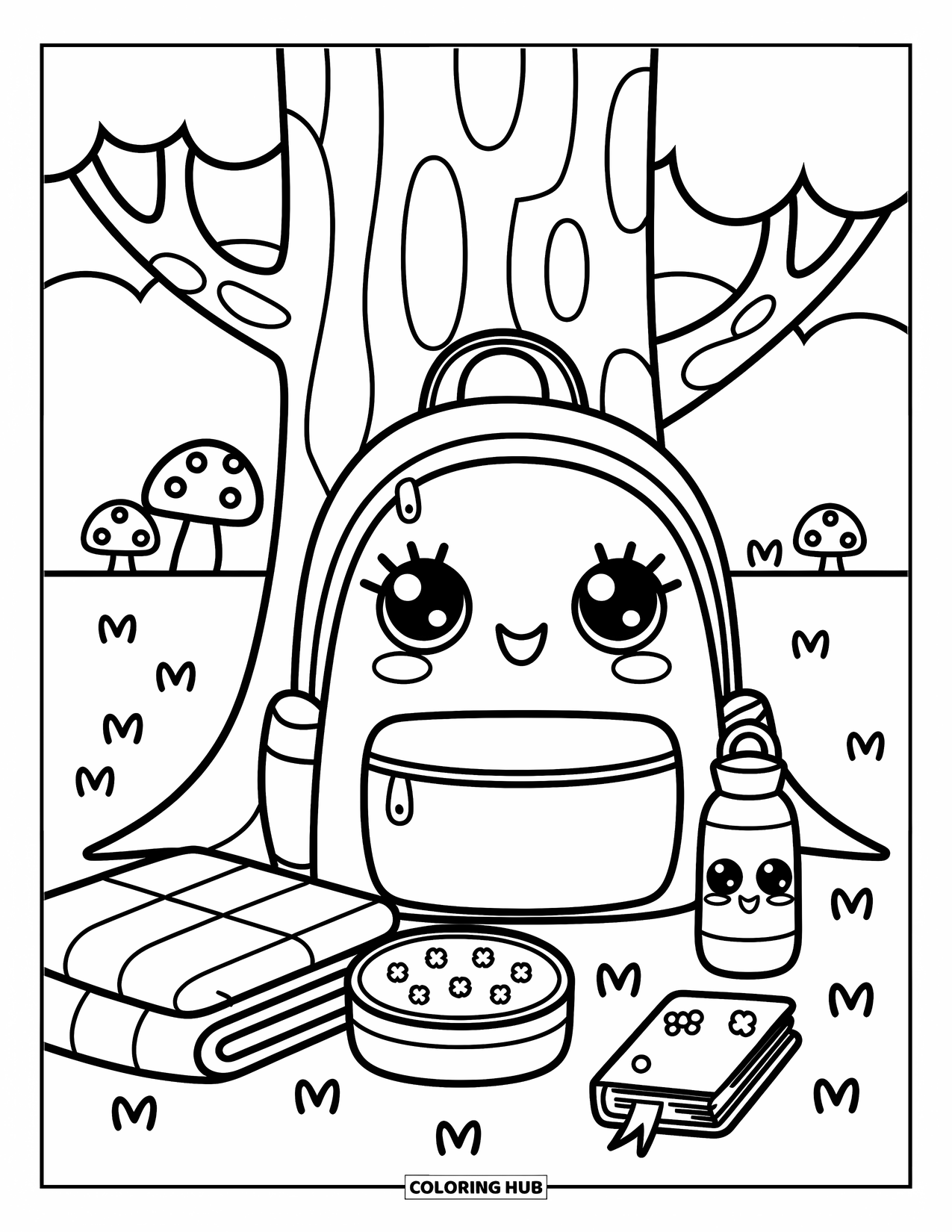 Backpack Coloring Page for Adults: Smiling backpack in a park with lunch, book, and playful mushrooms