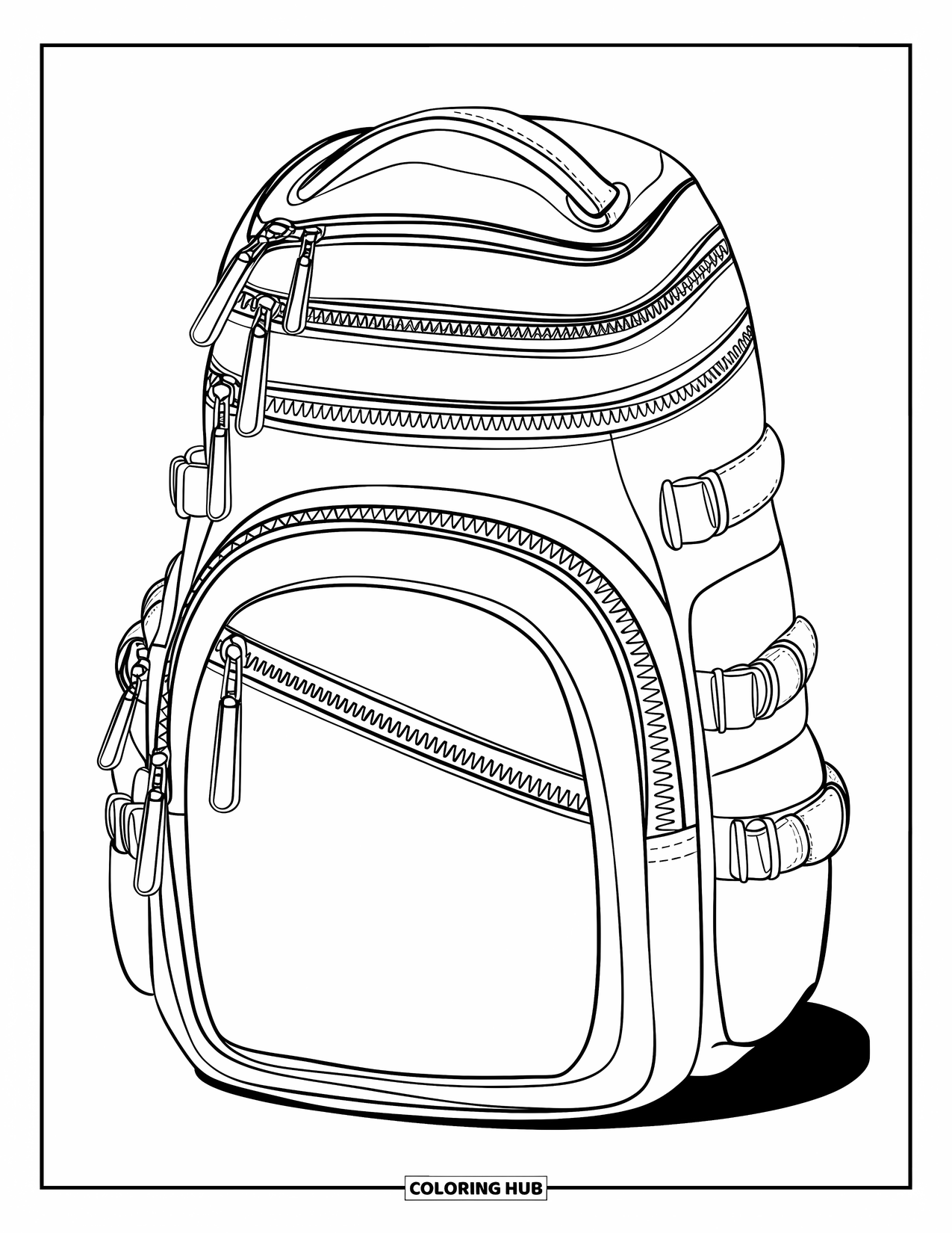 Backpack Coloring Page for Kids: Angled view of hiking backpack with loops and multiple layers