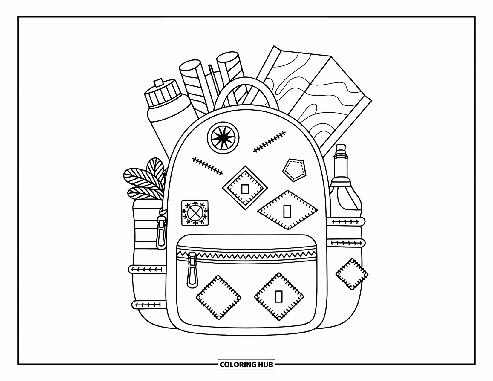 Backpack Coloring Page for Kids: Backpack holds map, compass, bottle, and small plant inside