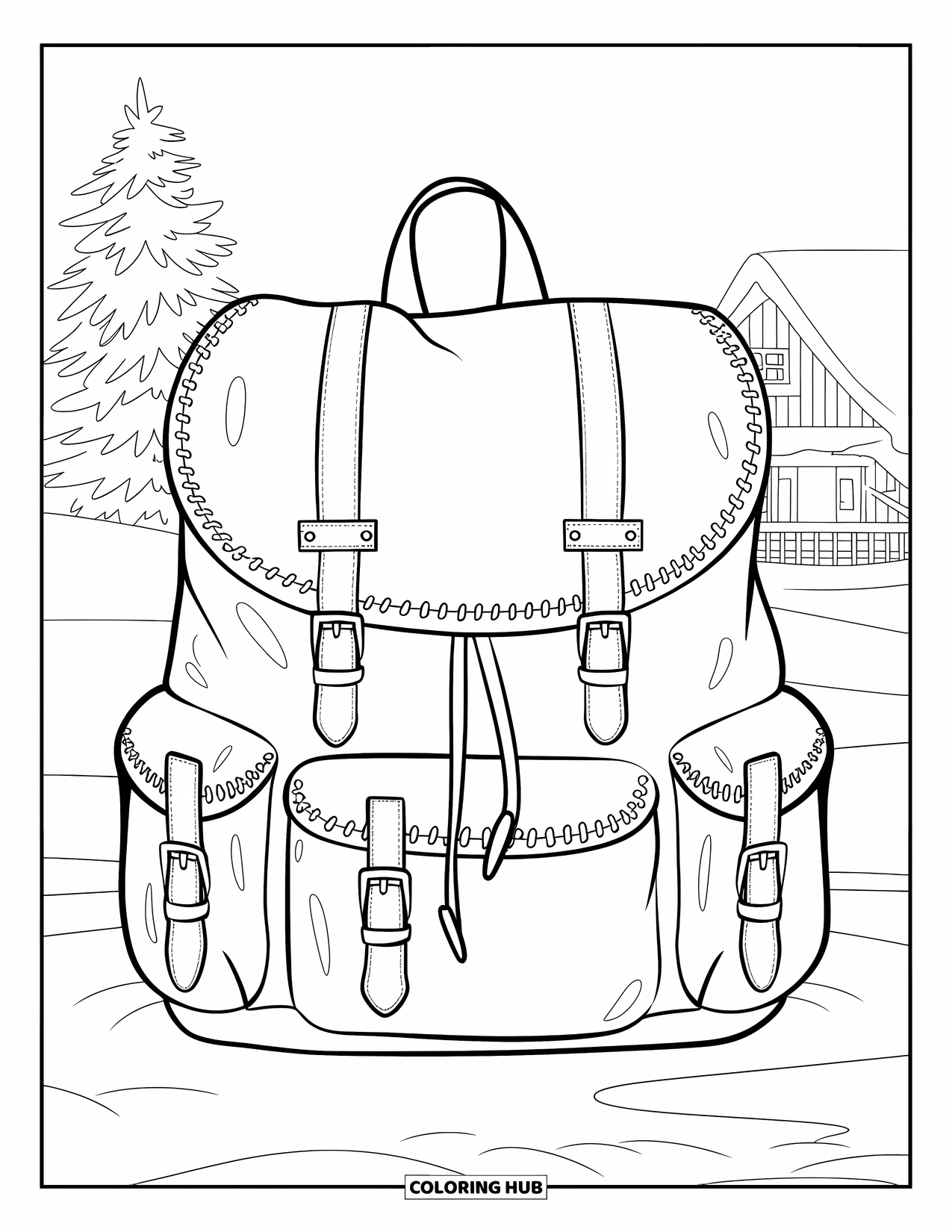Backpack Coloring Page for Kids: Backpack sits in snowy field with cabin and pine tree