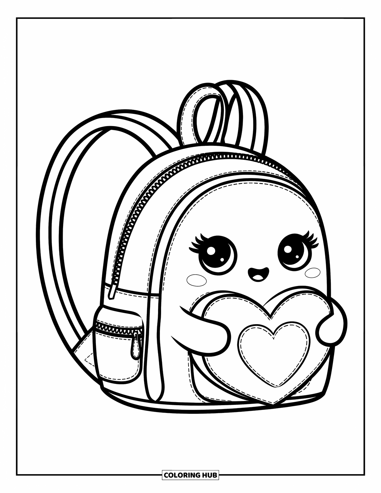 Backpack Coloring Page for Kids: Backpack with a face holds a heart on a clean background