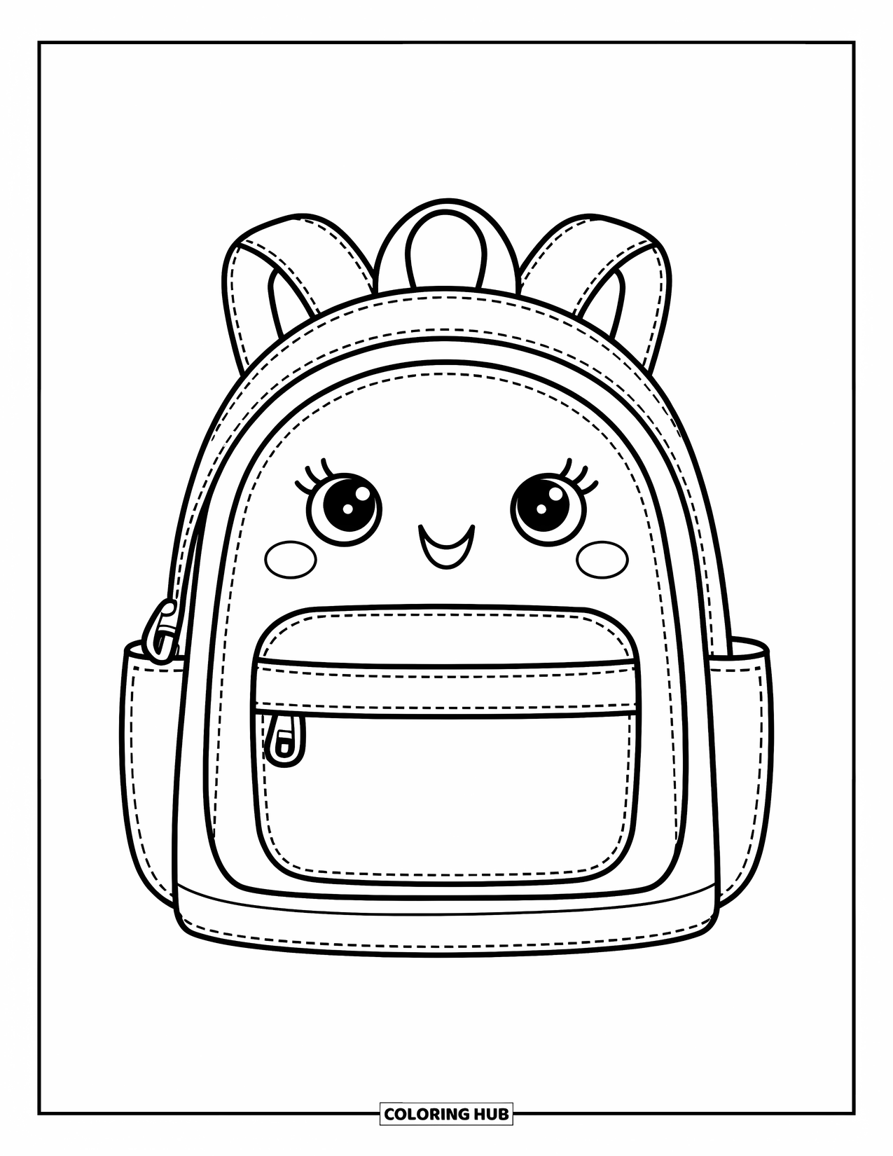 Backpack Coloring Page for Kids: Backpack with big pocket and stitched edges sits on a plain background