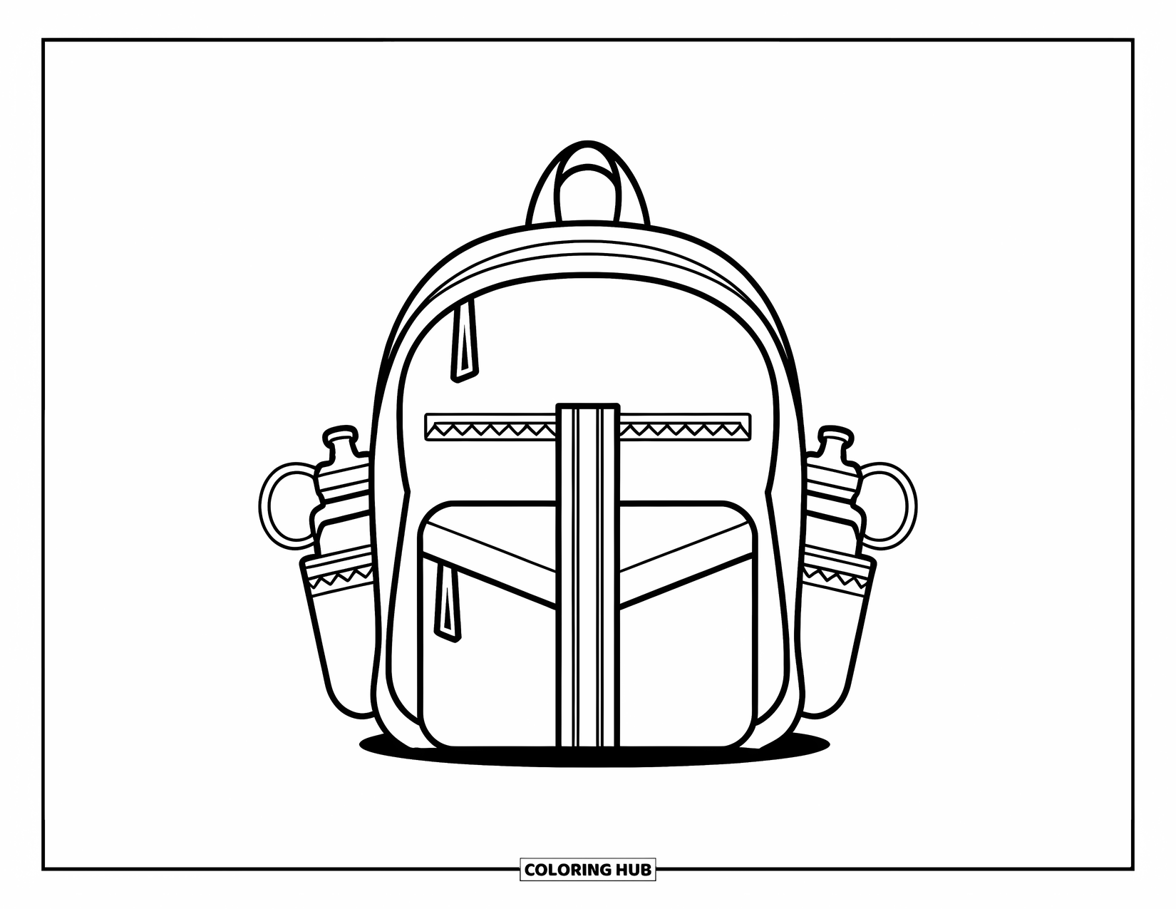 Backpack Coloring Page for Kids: Backpack with bold lines and angular front sits on a plain background