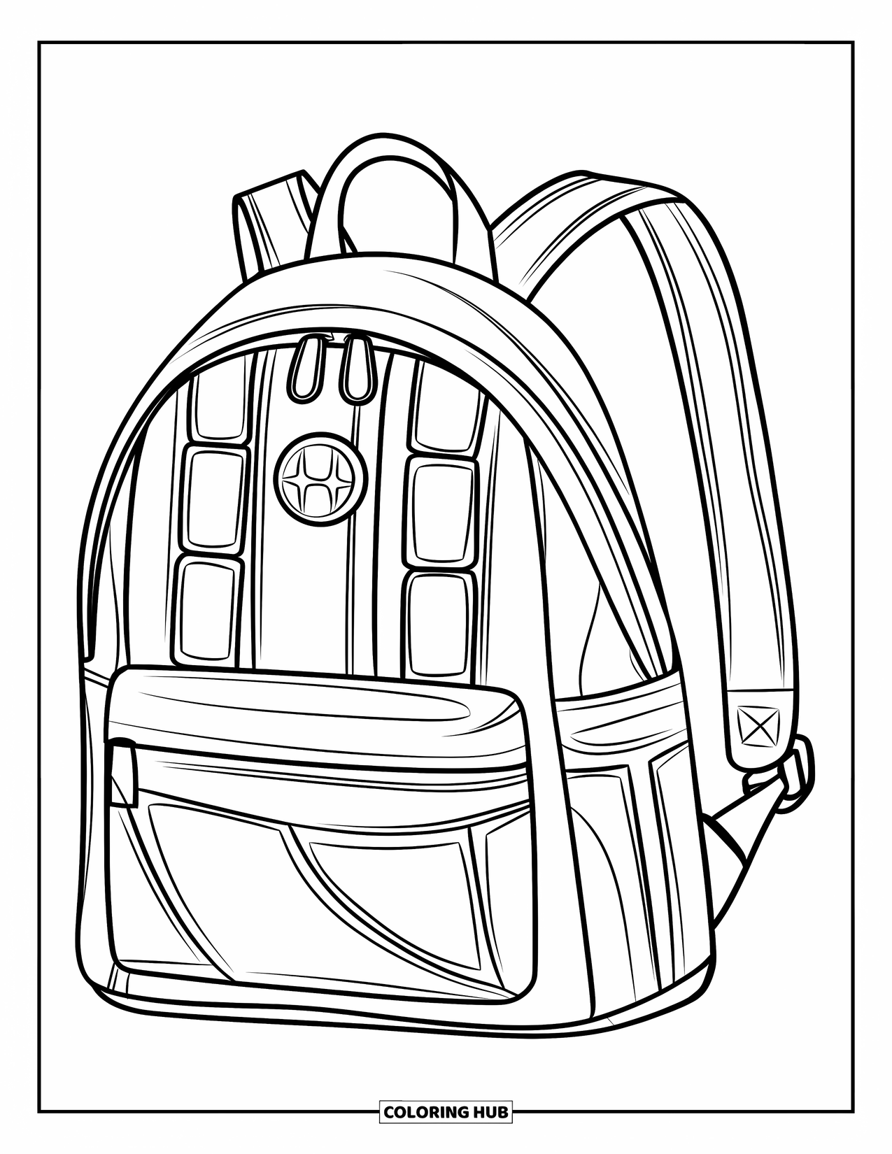 Backpack Coloring Page for Kids: Backpack with buckle and crisscross straps drawn in bold outlines