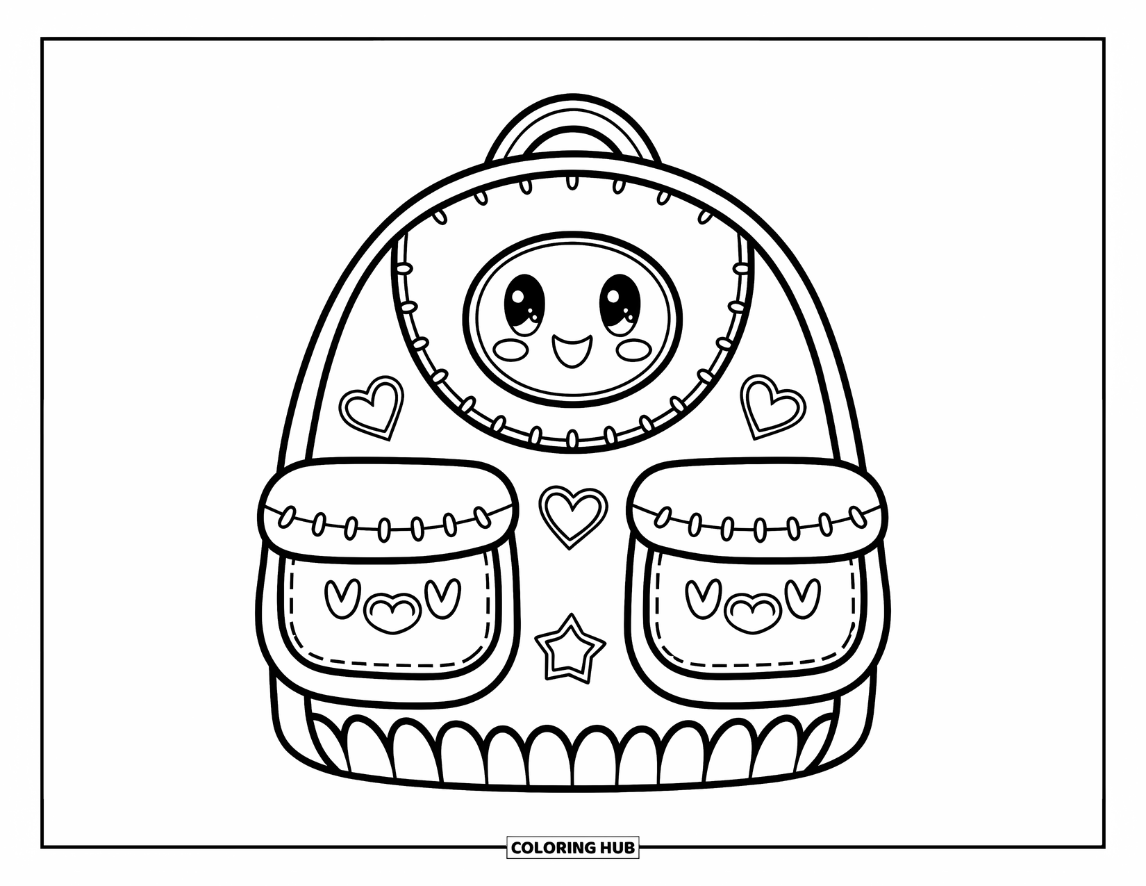 Backpack Coloring Page for Kids: Backpack with happy face and star patches on a white background