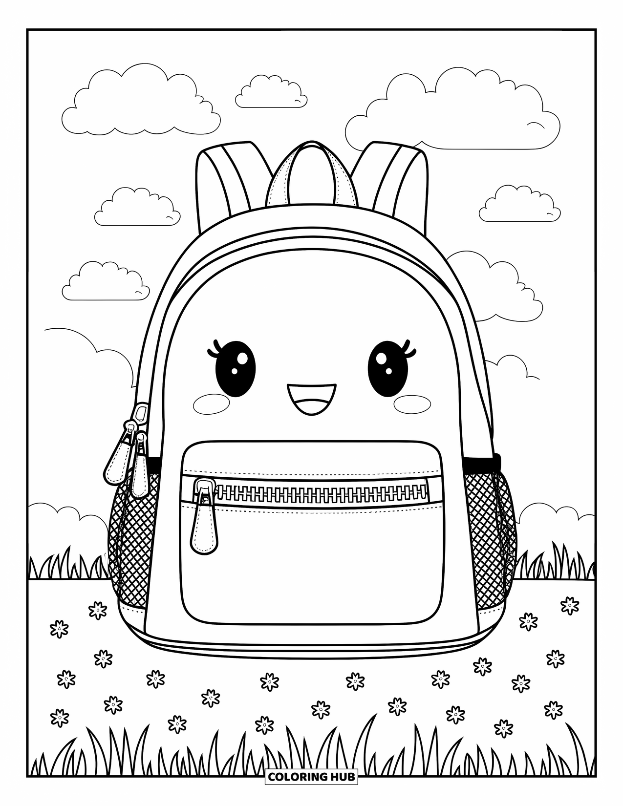 Backpack Coloring Page for Kids: Backpack with heart pen and floral field beneath fluffy clouds