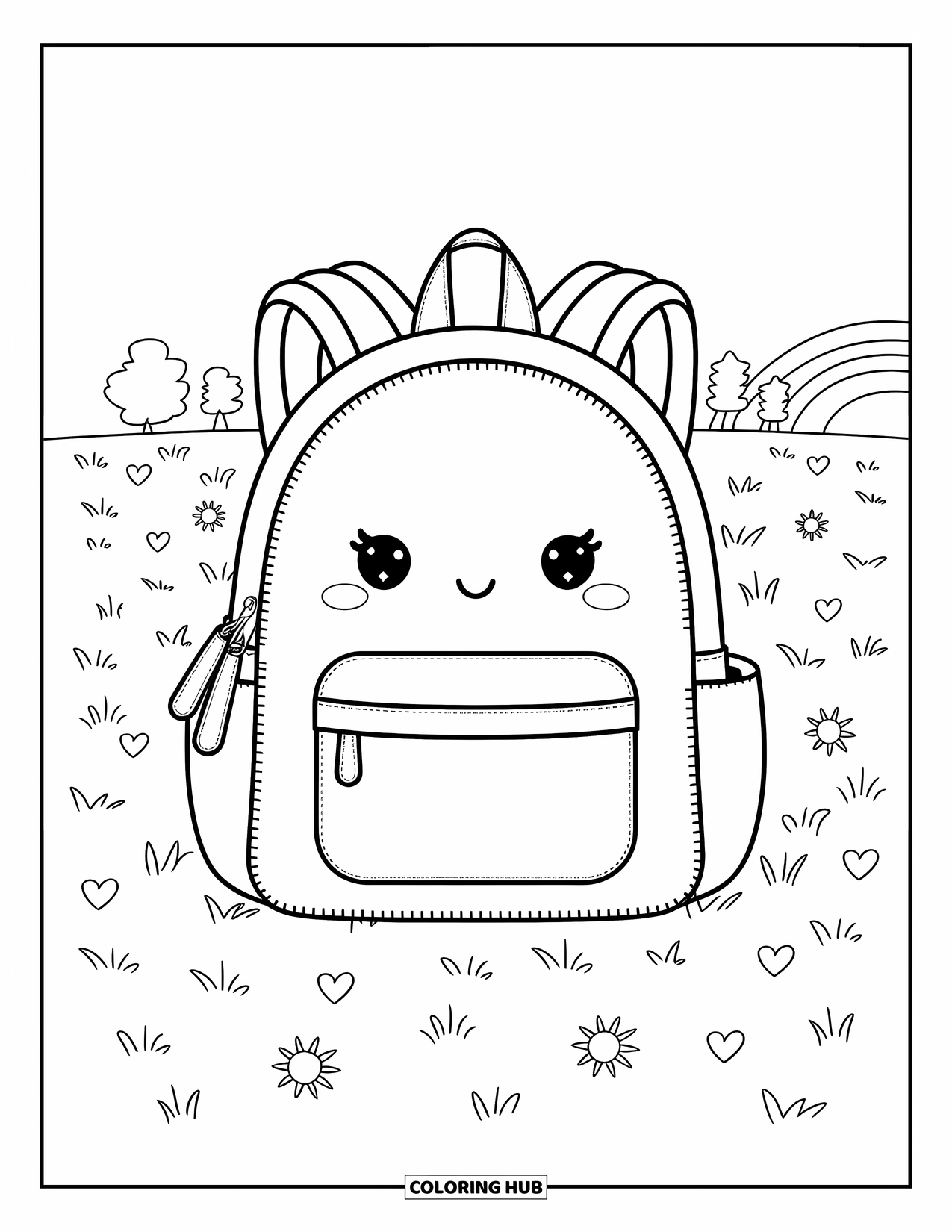 Backpack Coloring Page for Kids: Backpack with hearts and stars rests near trees and a rainbow