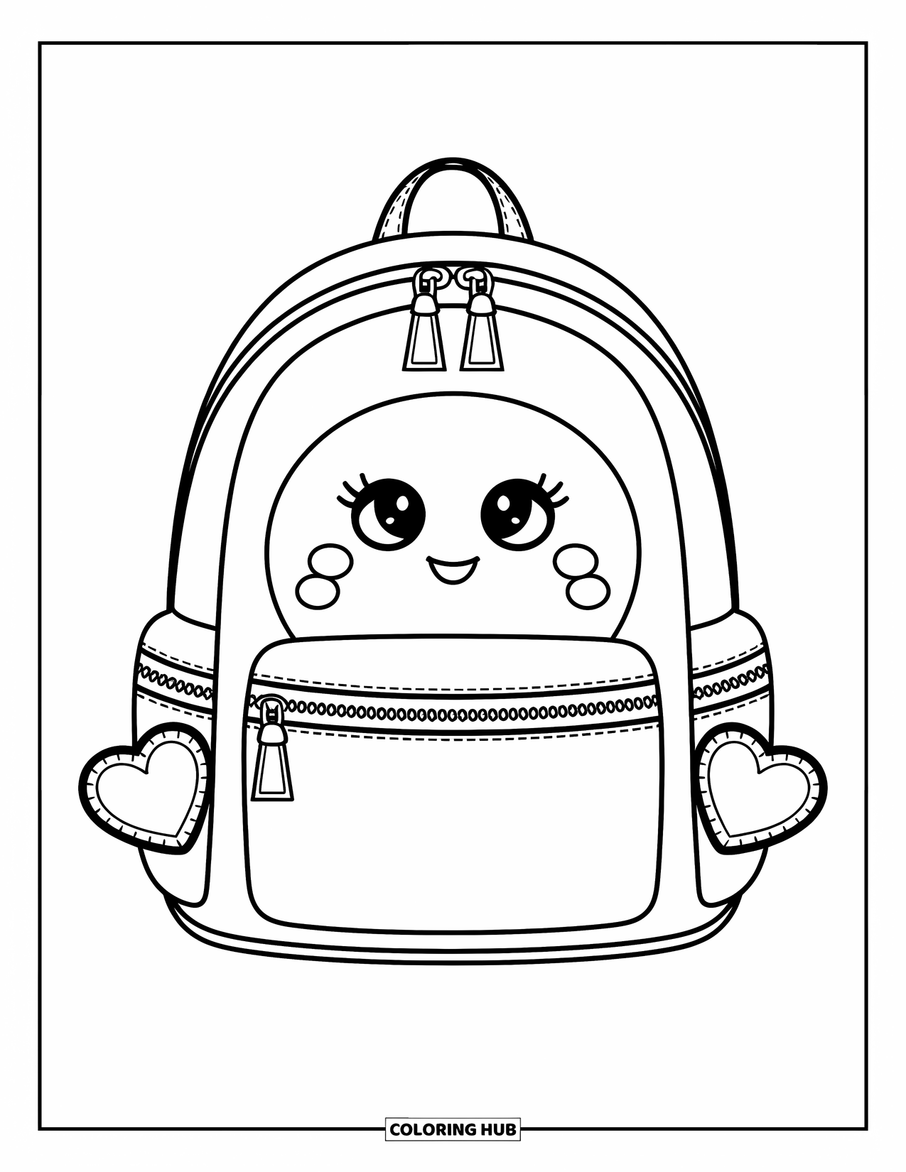 Backpack Coloring Page for Kids: Backpack with smiling face and star-shaped zippers says "My Hygge Backpack"