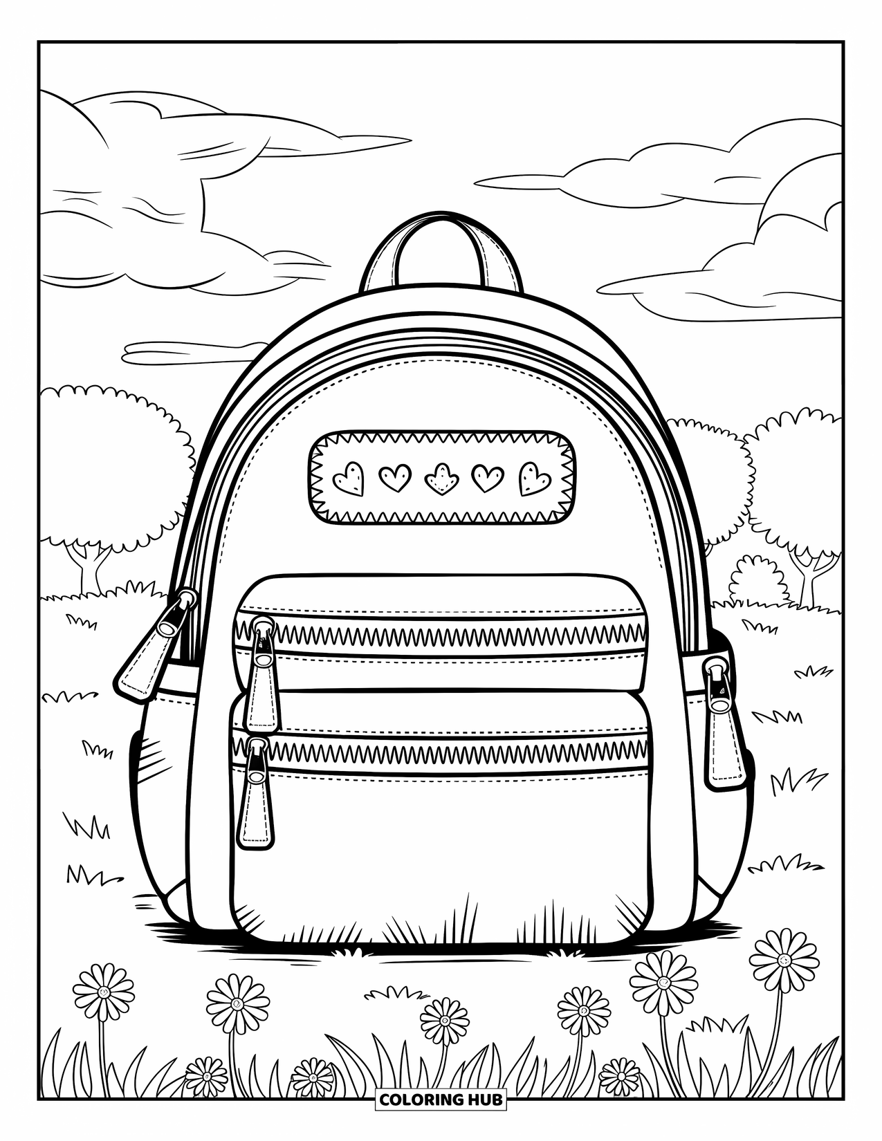 Backpack Coloring Page for Kids: Backpack with three zippers sits in a grassy field with flowers