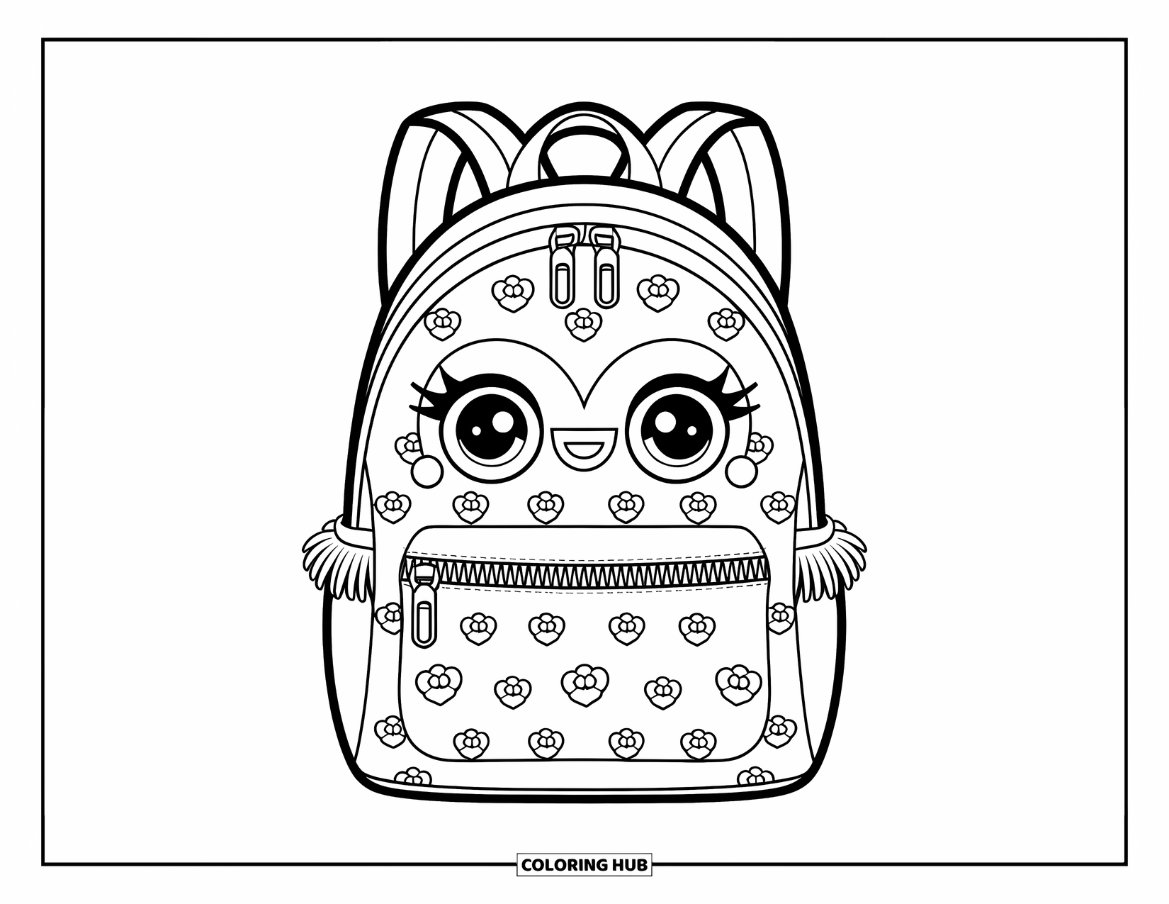 Backpack Coloring Page for Kids: Medium backpack with front pocket, zippers, and strap adjusters
