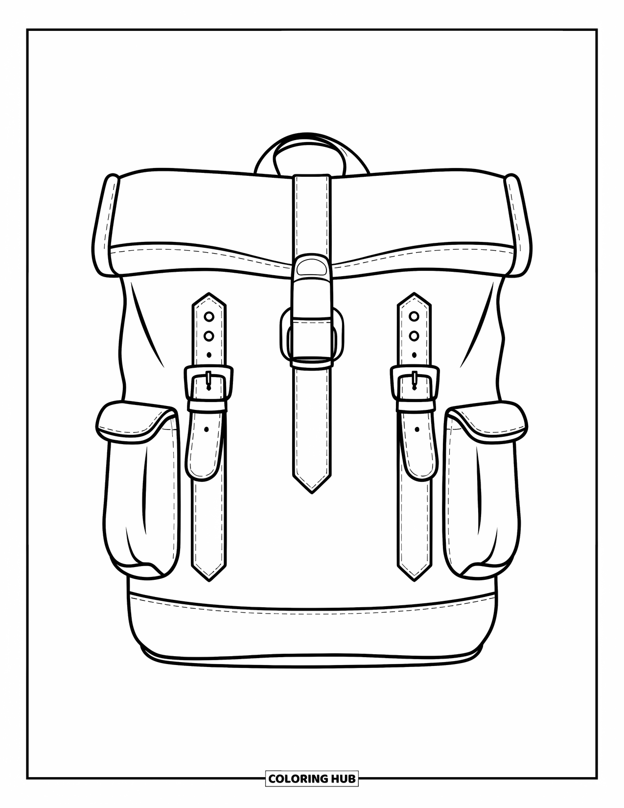 Backpack Coloring Page for Kids: Modern roll-top backpack drawn with clean lines on a white page