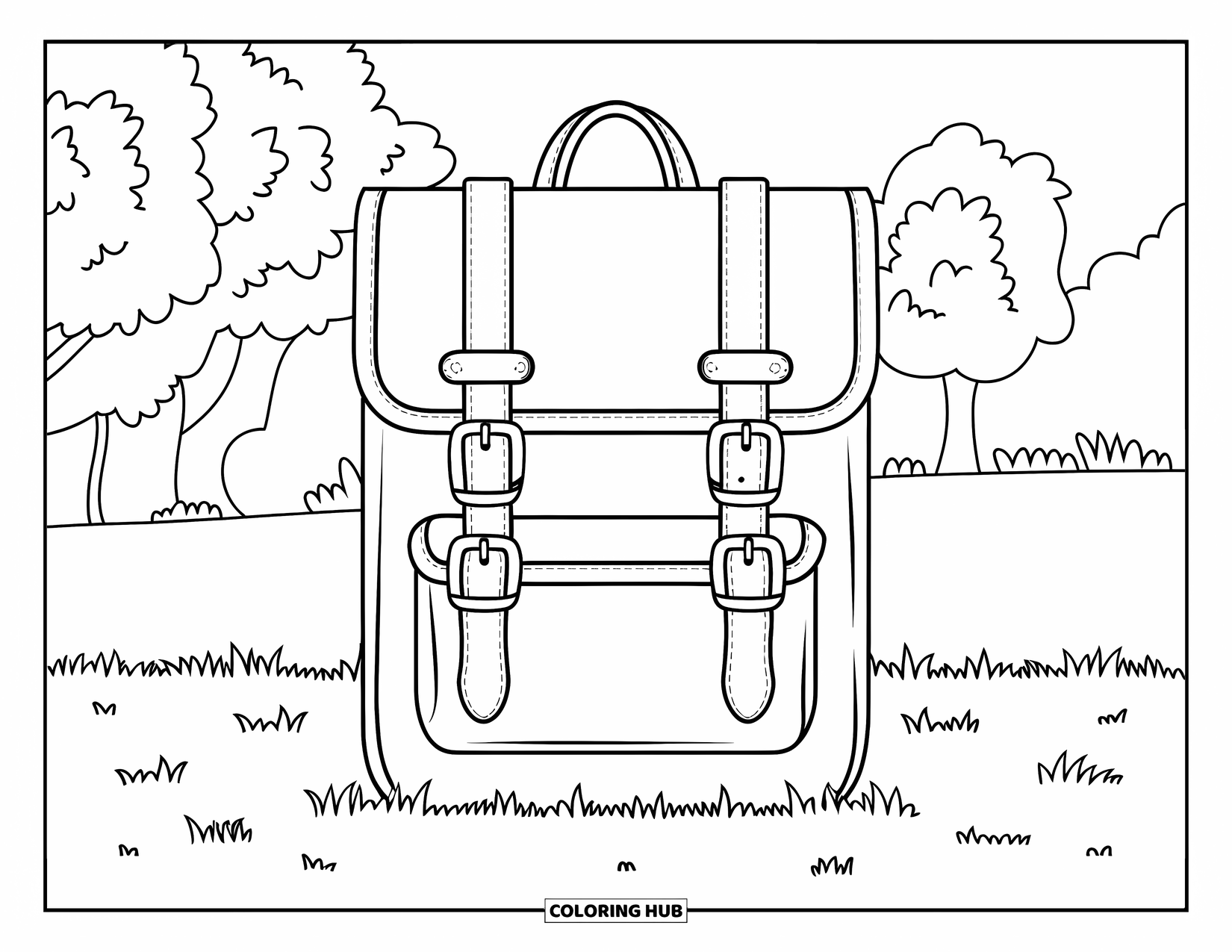 Backpack Coloring Page for Kids: Rectangular backpack sits in a grassy field with trees behind