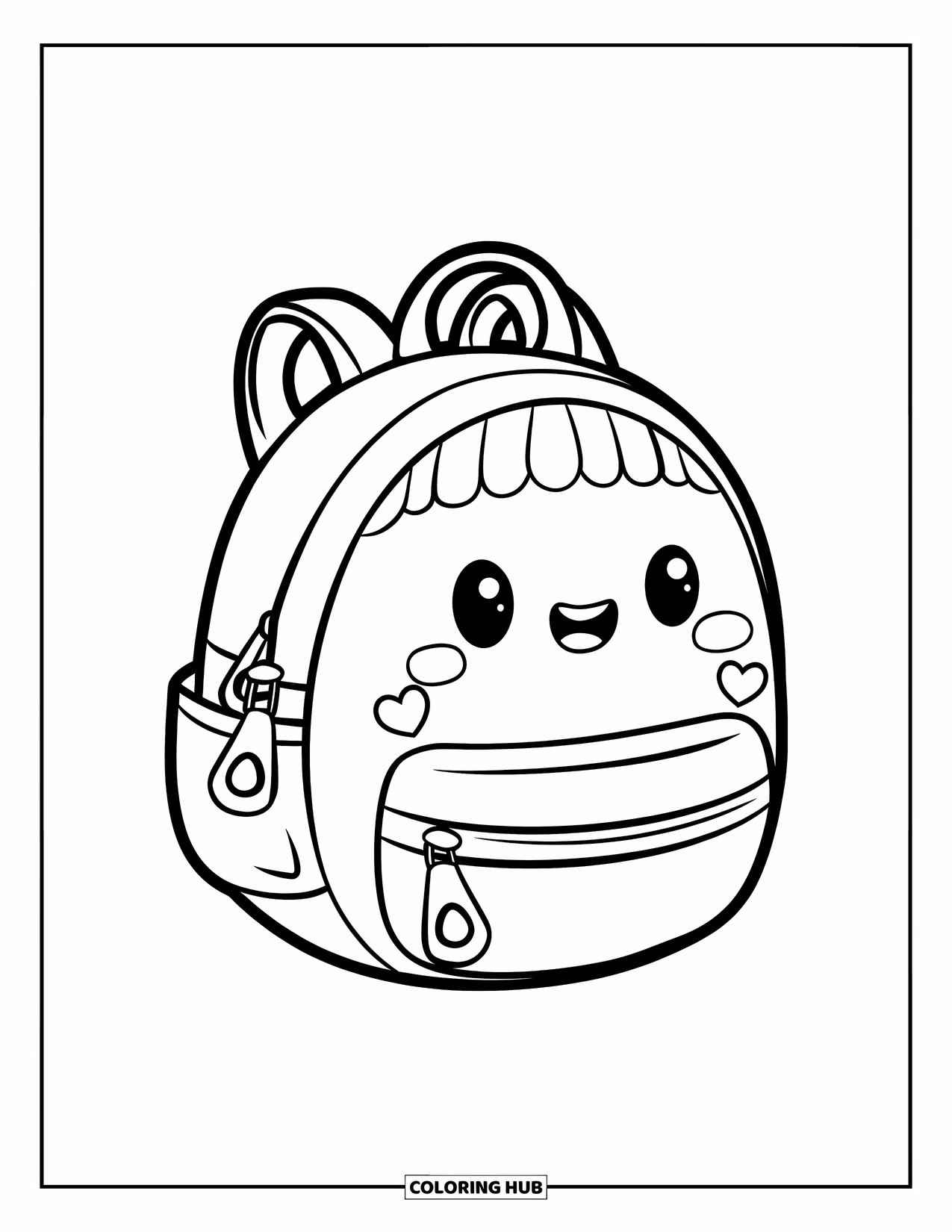 Backpack Coloring Page for Kids: Round backpack with flap, pocket, and hearts on a clean background