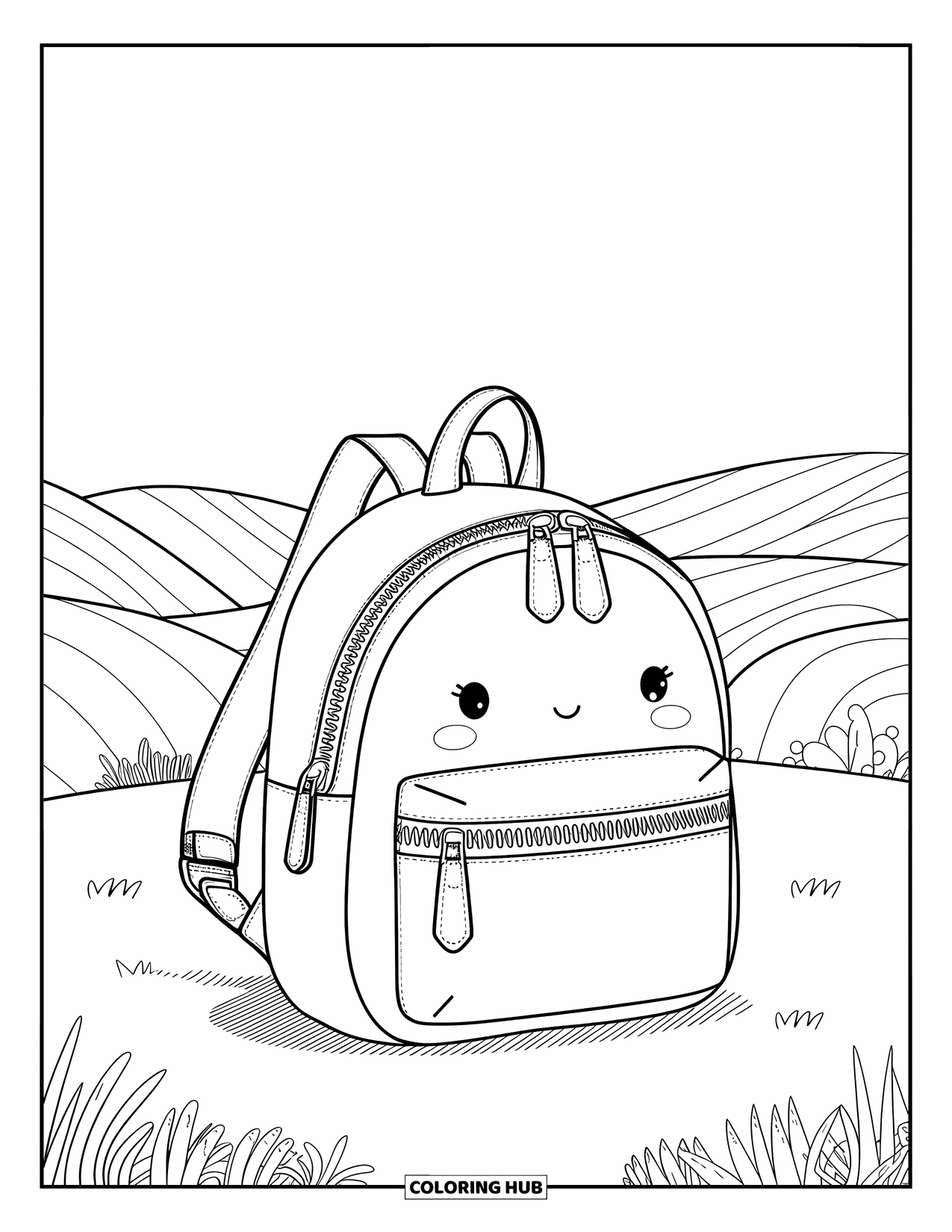Backpack Coloring Page for Kids: Round backpack with zipper sits in a grassy field and hills
