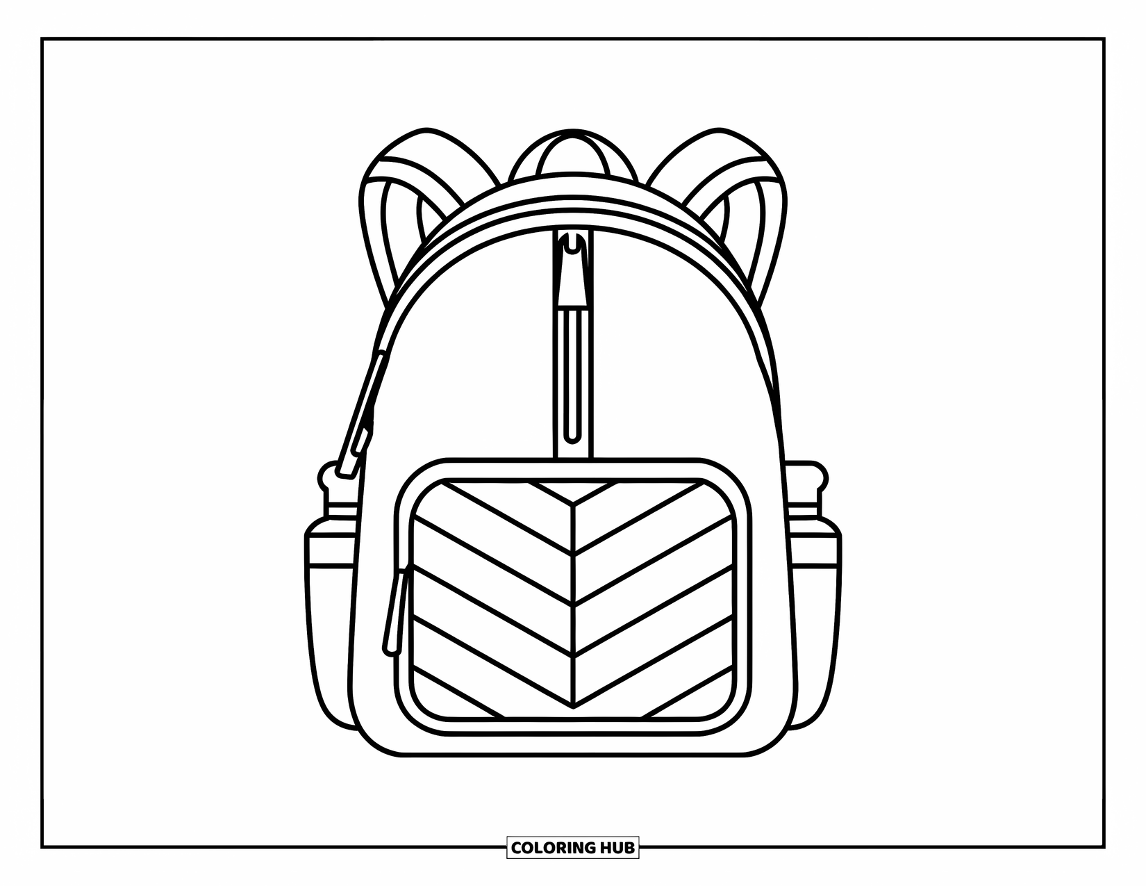 Backpack Coloring Page for Kids: Simple backpack with bottle loops and zipper in a kawaii-inspired style