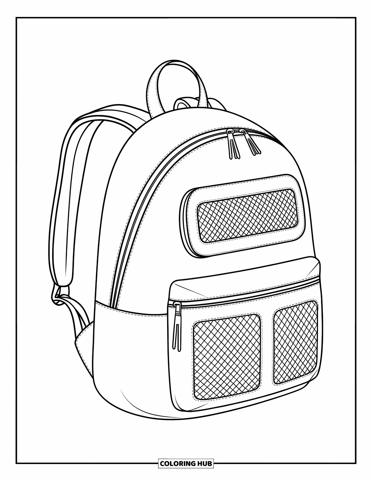 Backpack Coloring Page for Kids: Sleek backpack from a side view drawn in bold, simple outlines